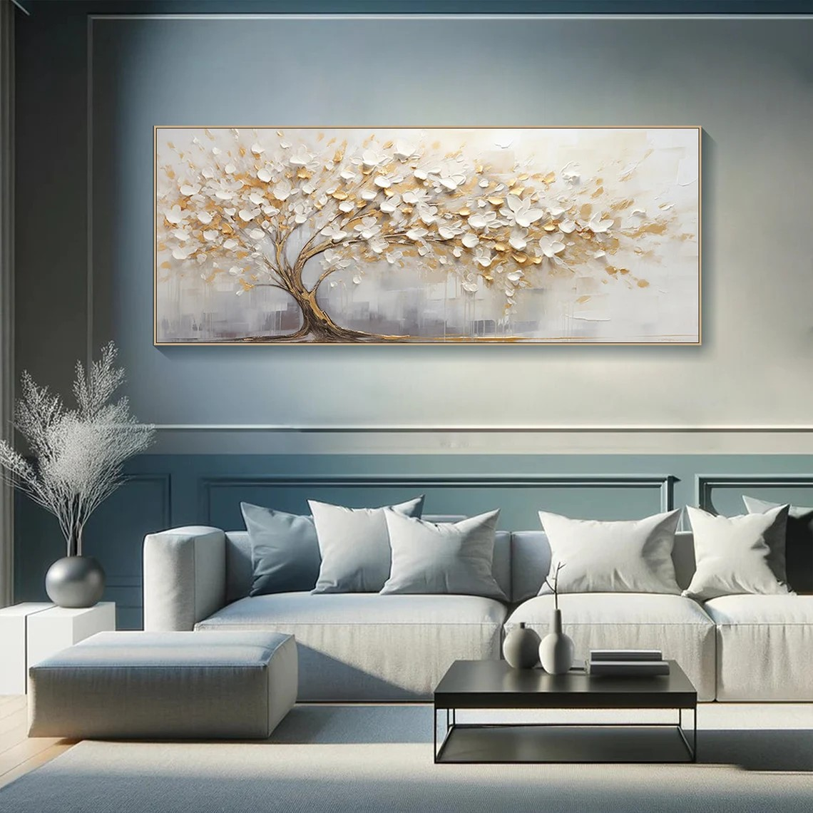 Golden Blossom Tree Oil Painting, Textured Floral Art, Modern Home Decor #MM377