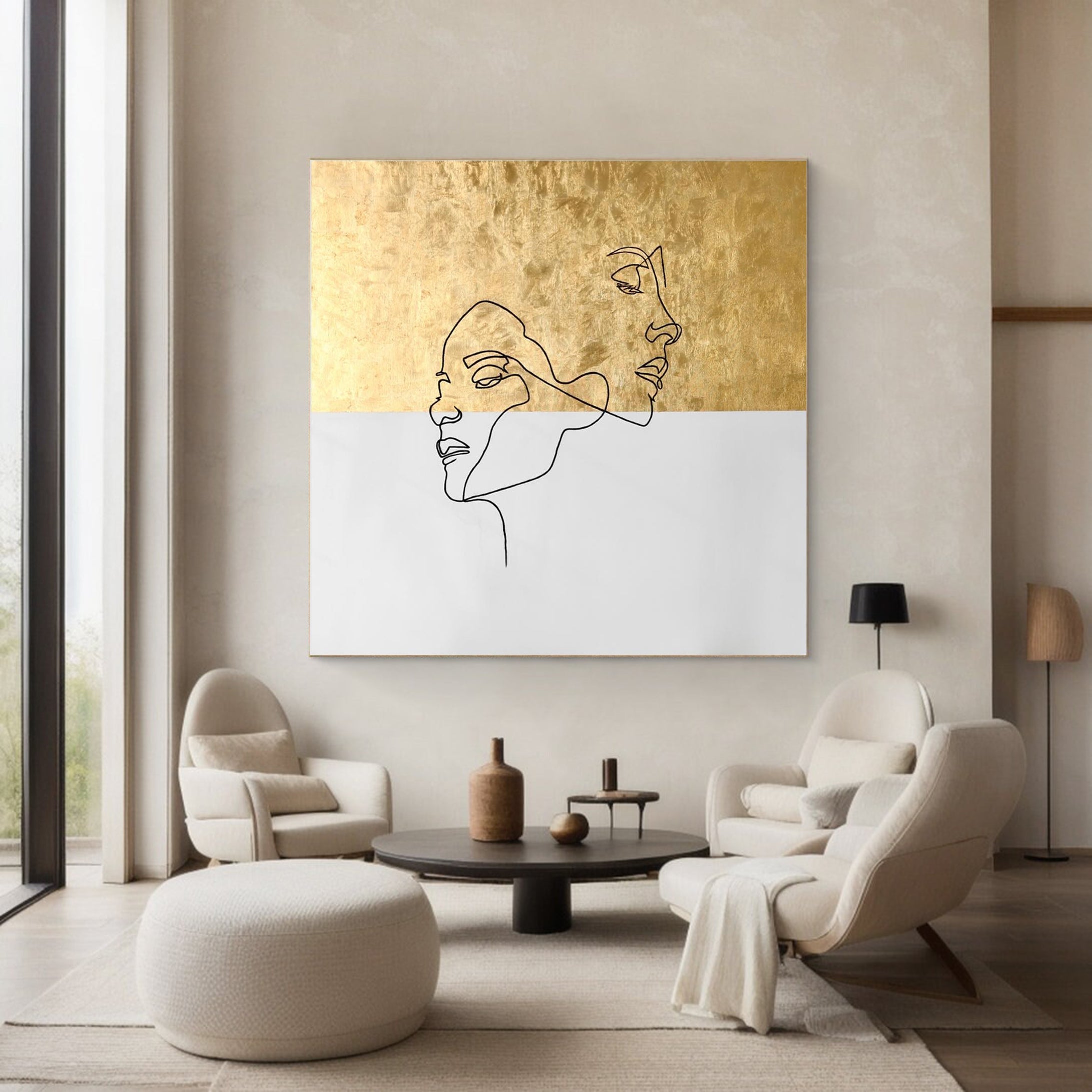 Minimalist Abstract Face Wall Art Gold and White Canvas #HF013