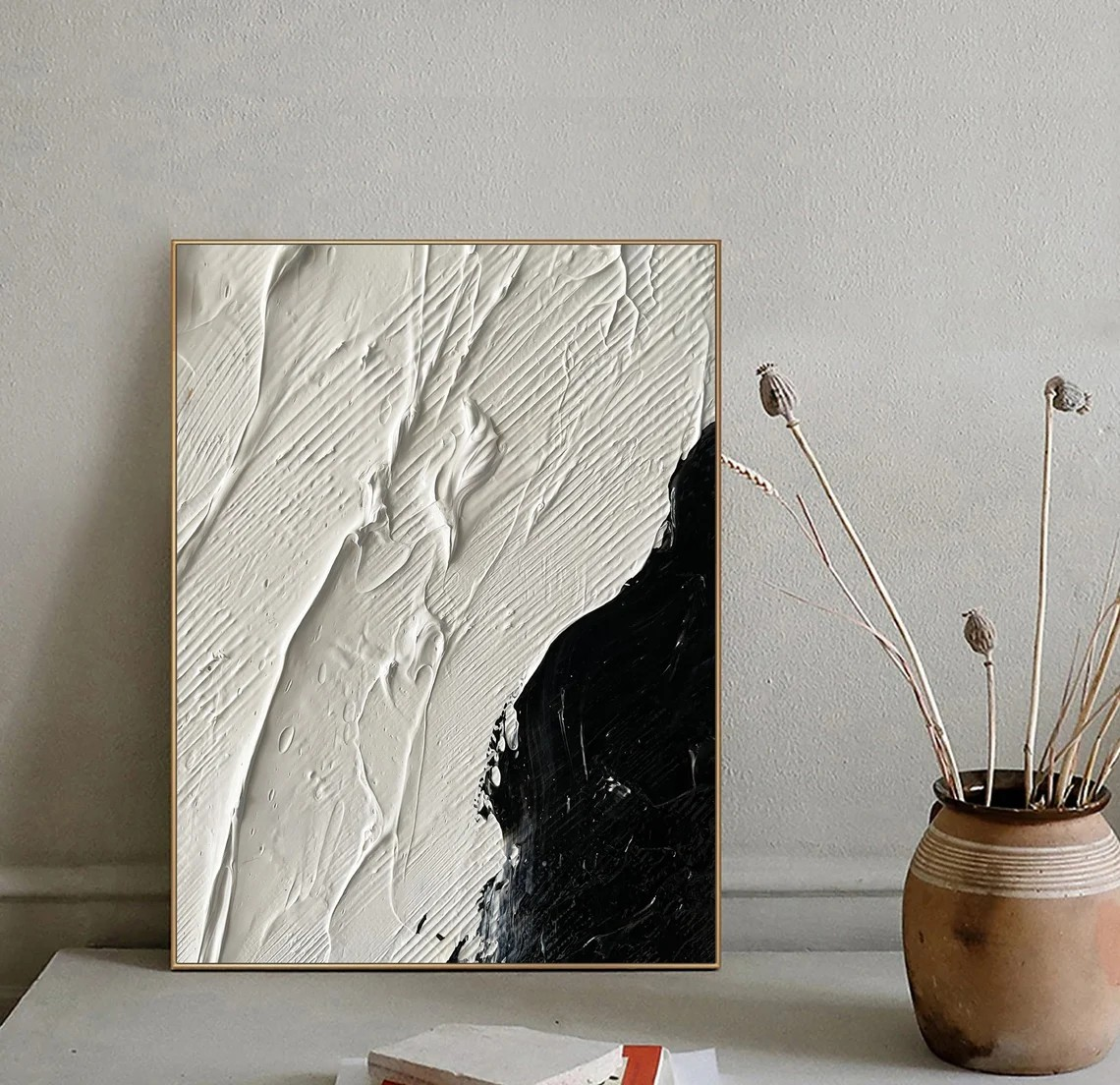 Minimalist Black and White Textured Abstract Oil Painting, Modern Wall Decor #MM378