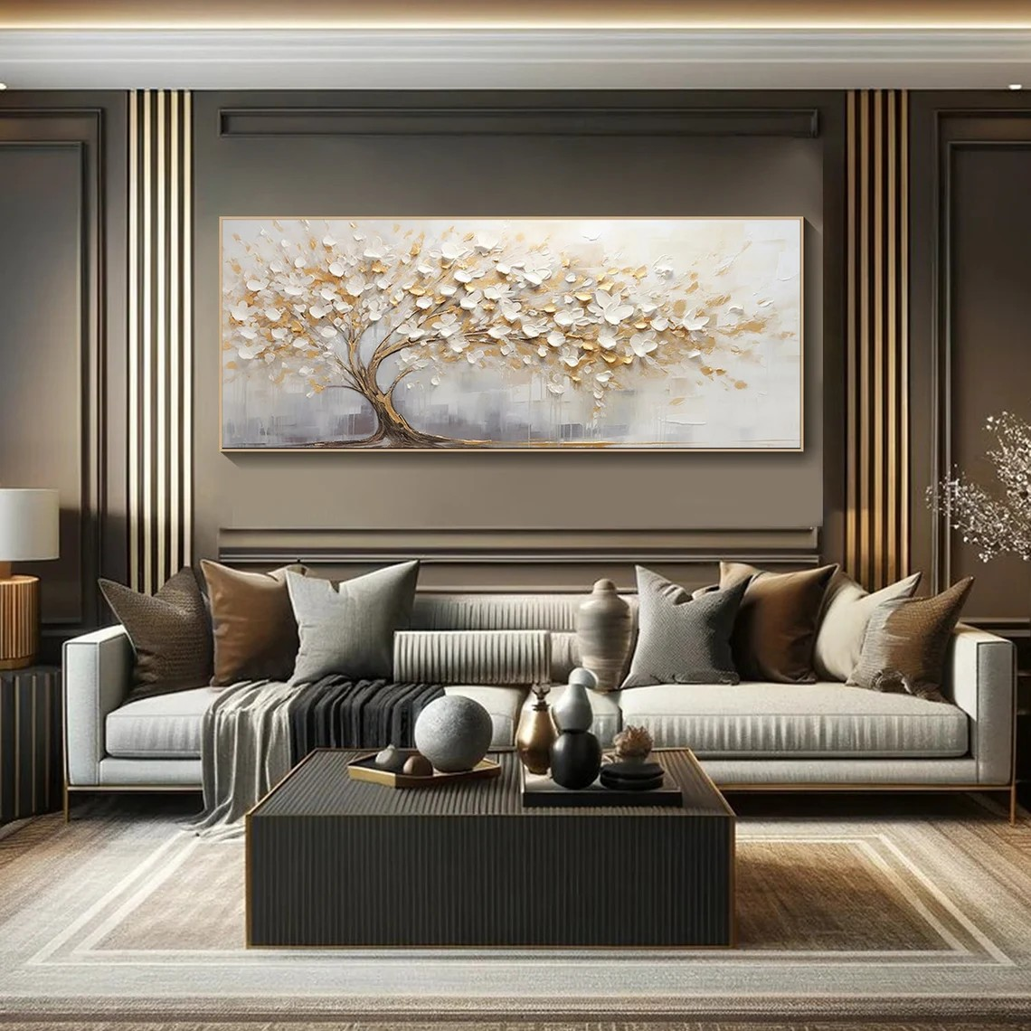 Golden Blossom Tree Oil Painting, Textured Floral Art, Modern Home Decor #MM377