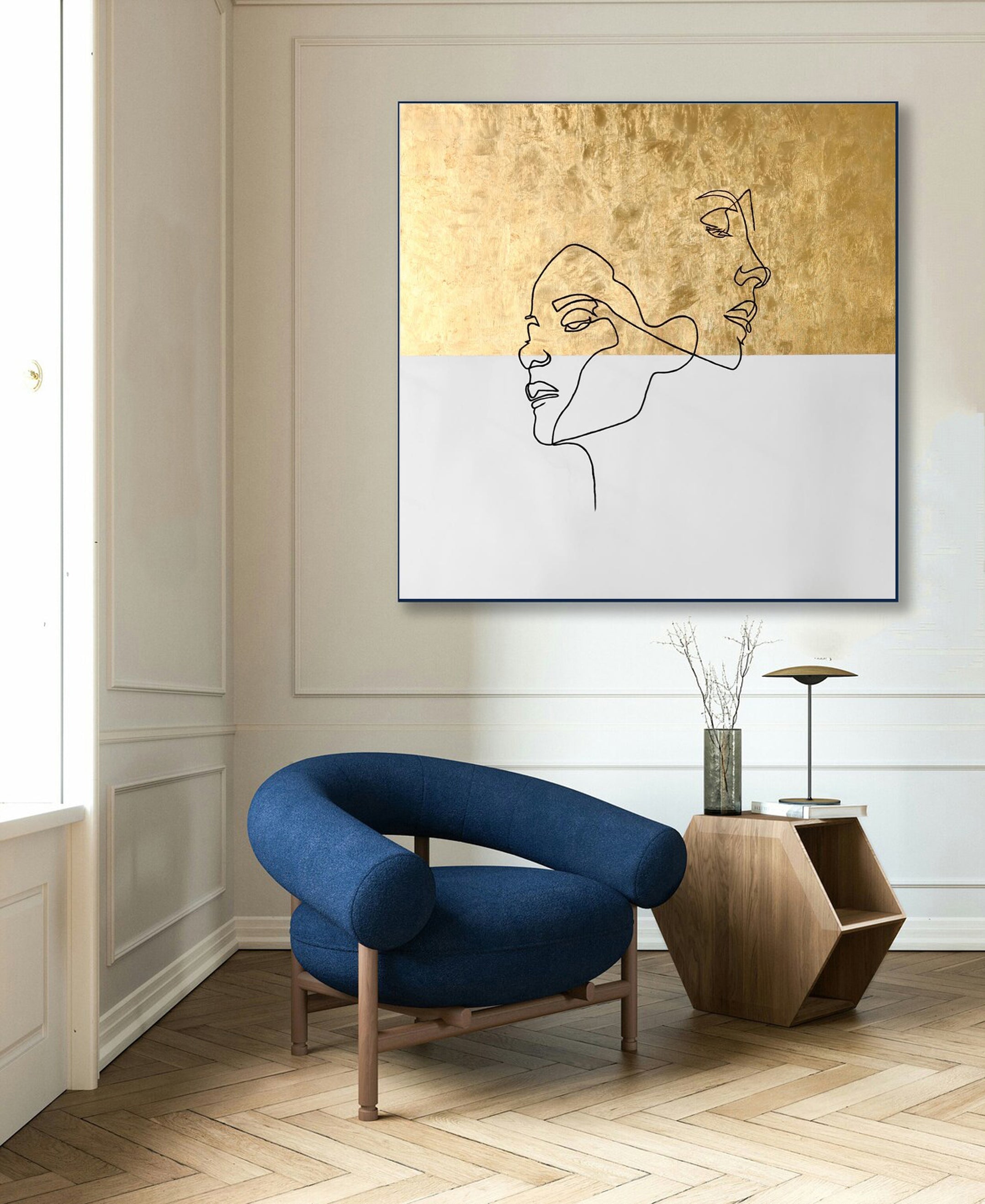 Minimalist Abstract Face Wall Art Gold and White Canvas #HF013