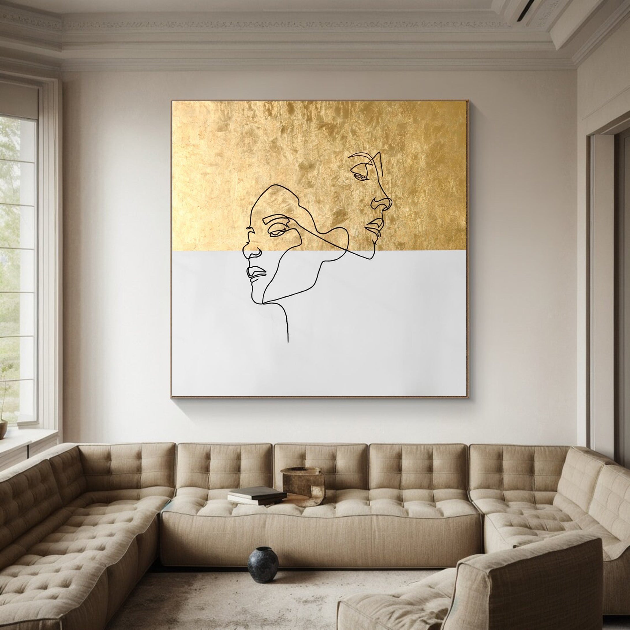 Minimalist Abstract Face Wall Art Gold and White Canvas #HF013