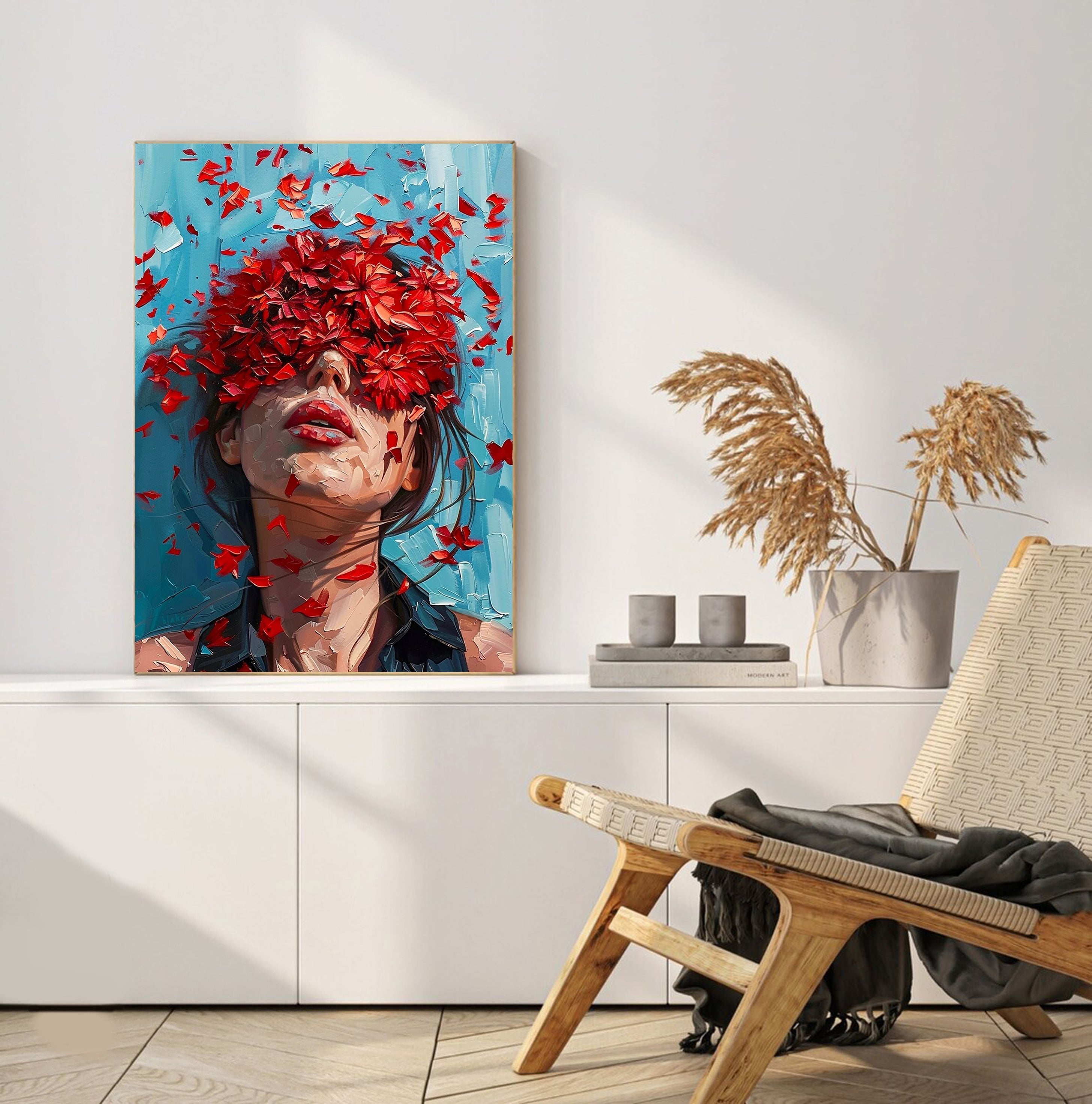 Red Blossoms Art Modern Abstract Female Portrait #HF009