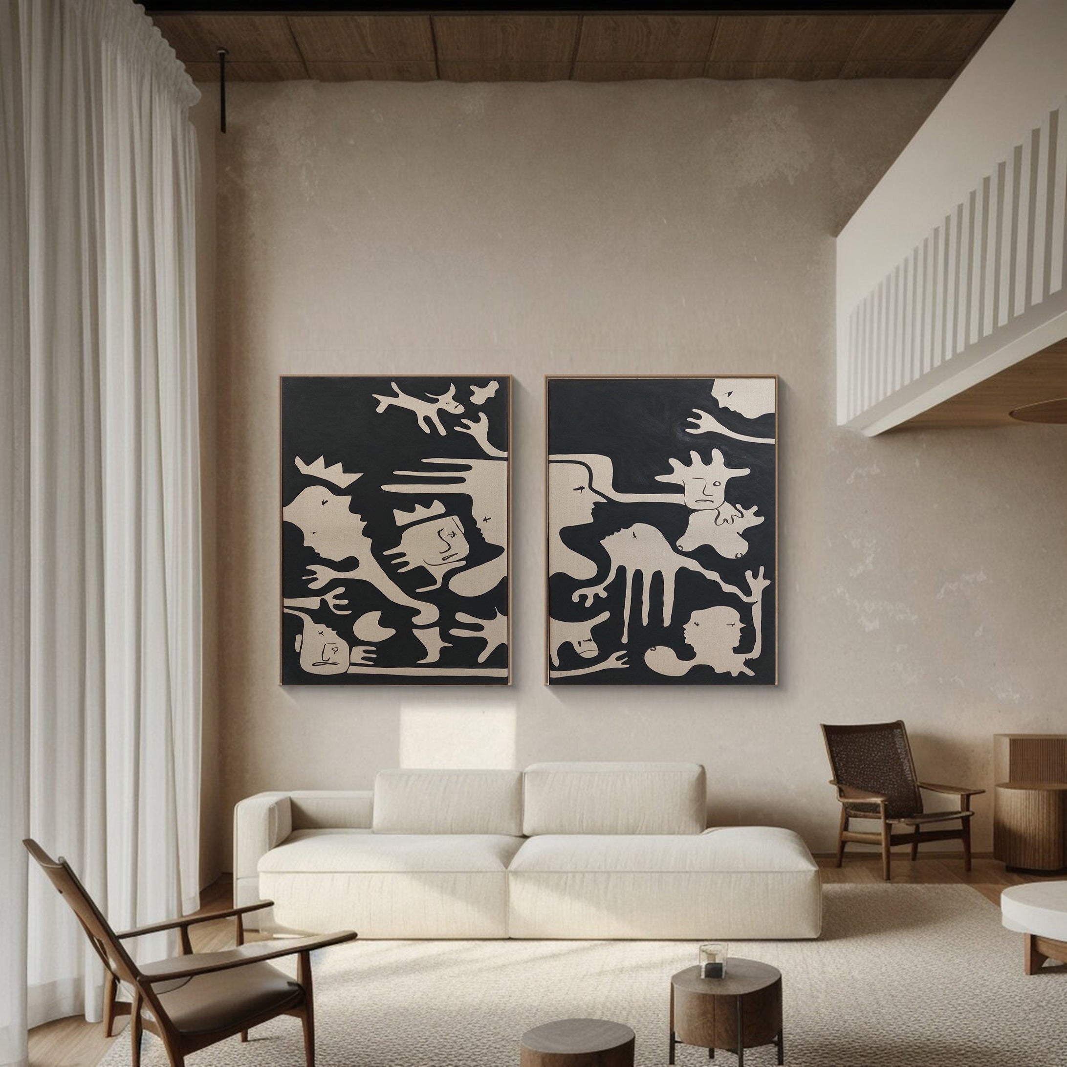 Abstract People Artwork Black and White Dual Canvas Art #MMS004