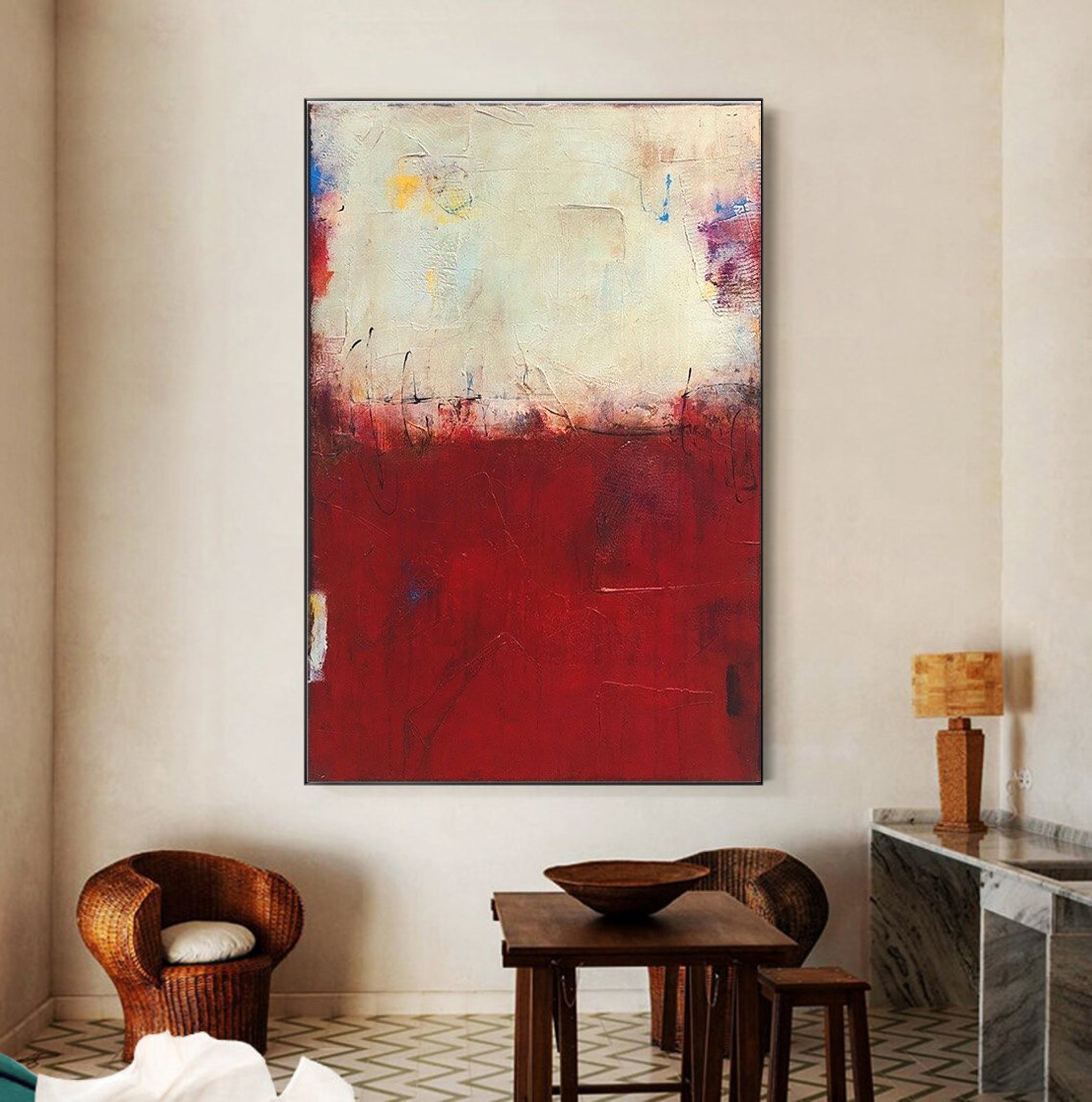 Large Red and Cream Canvas Abstract Wall Art #MM033