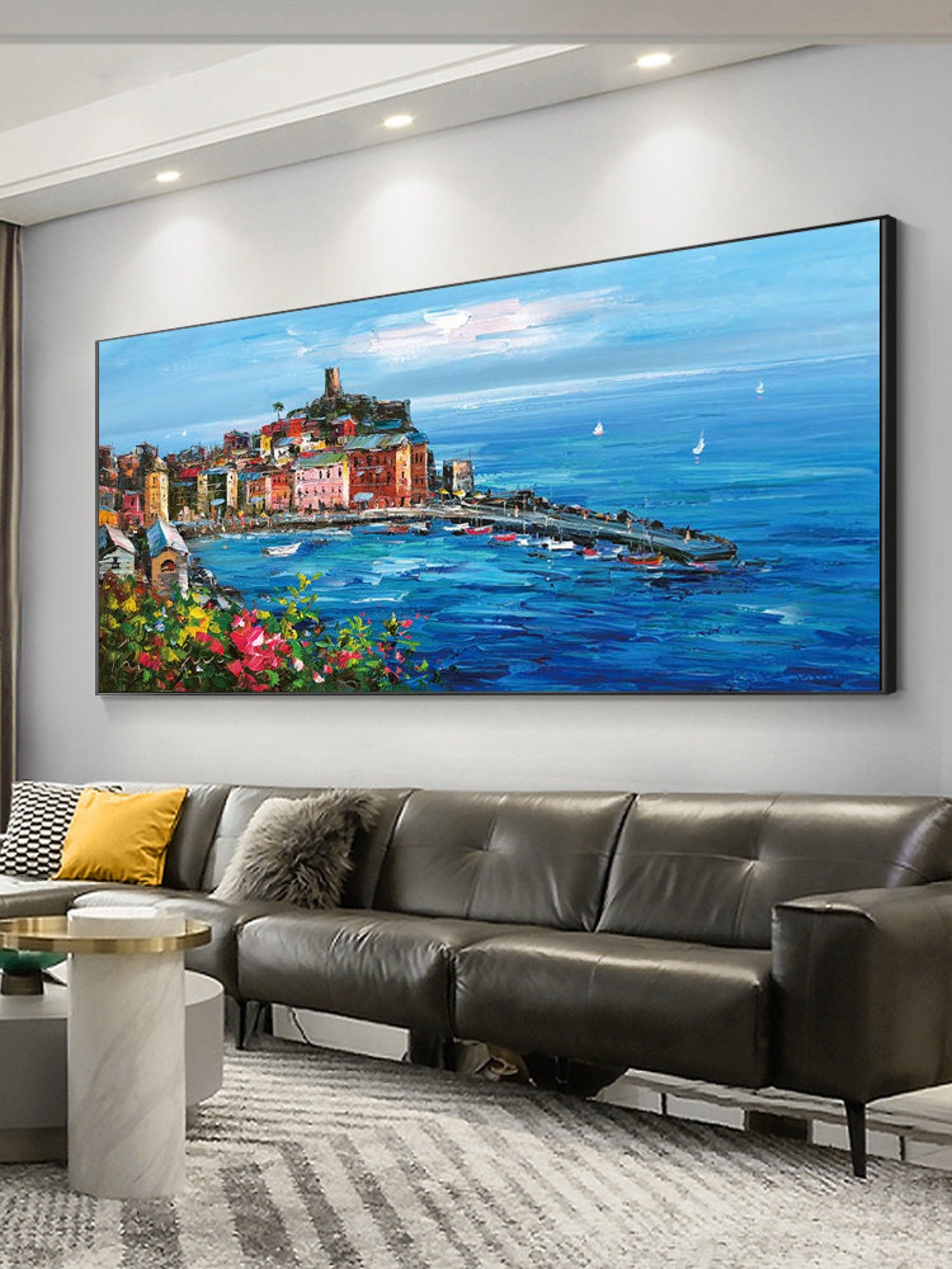 Large Coastal Village Landscape Oil Painting on Canvas #AB064