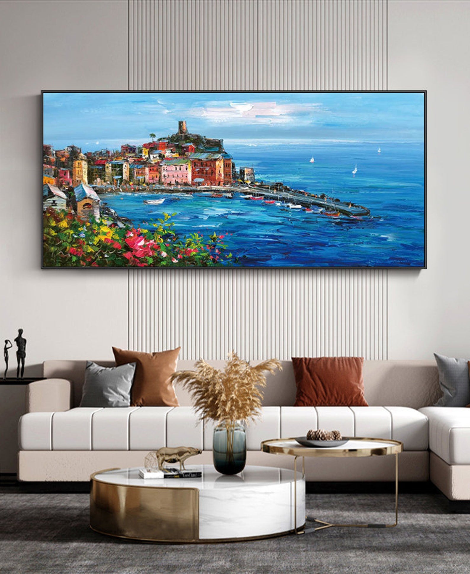 Large Coastal Village Landscape Oil Painting on Canvas #AB064