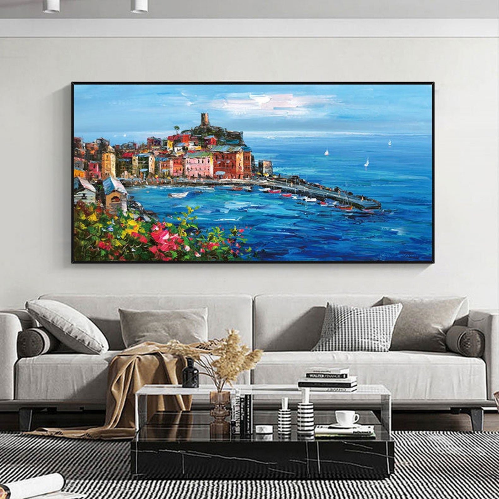 Large Coastal Village Landscape Oil Painting on Canvas #AB064