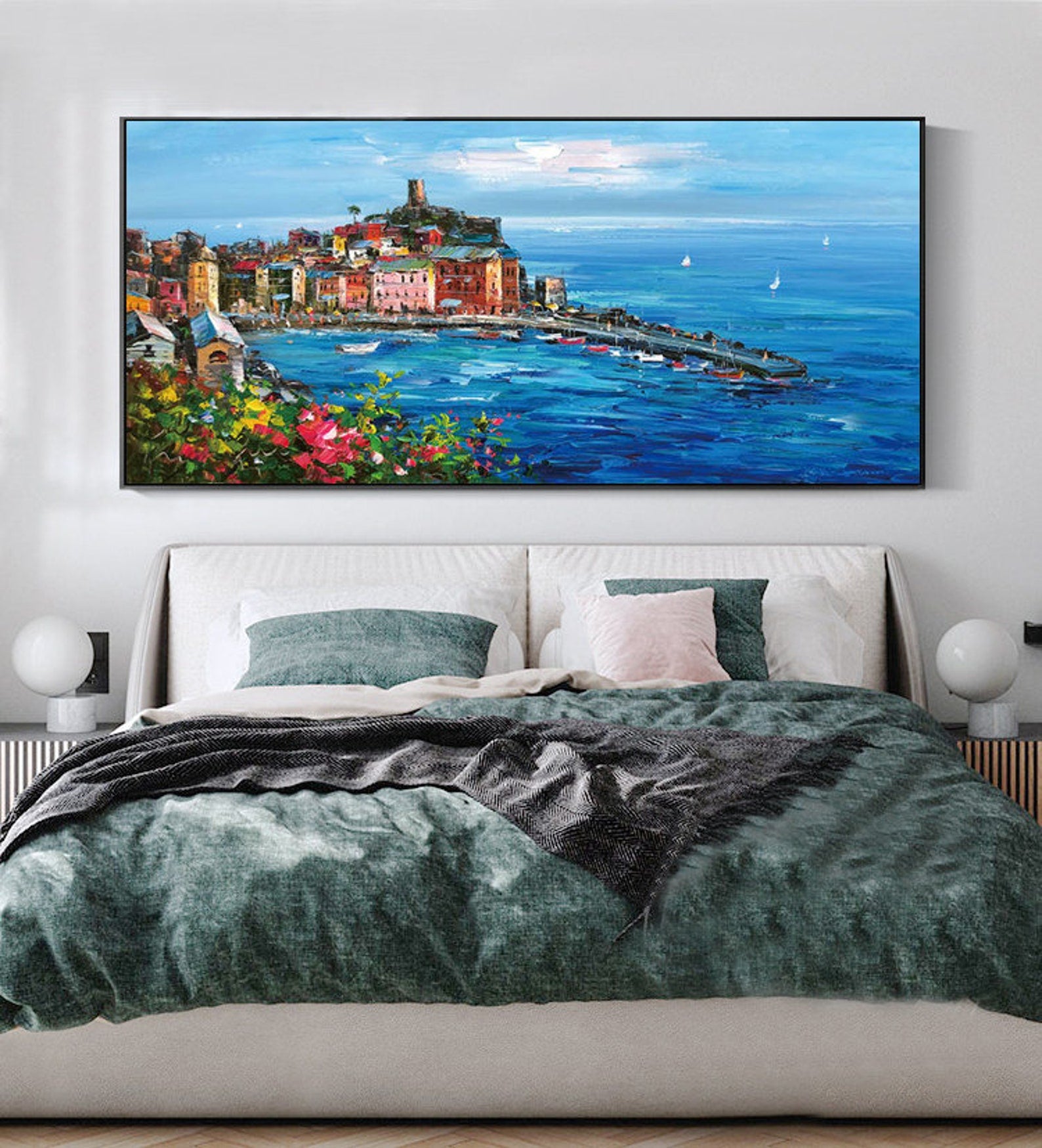 Large Coastal Village Landscape Oil Painting on Canvas #AB064