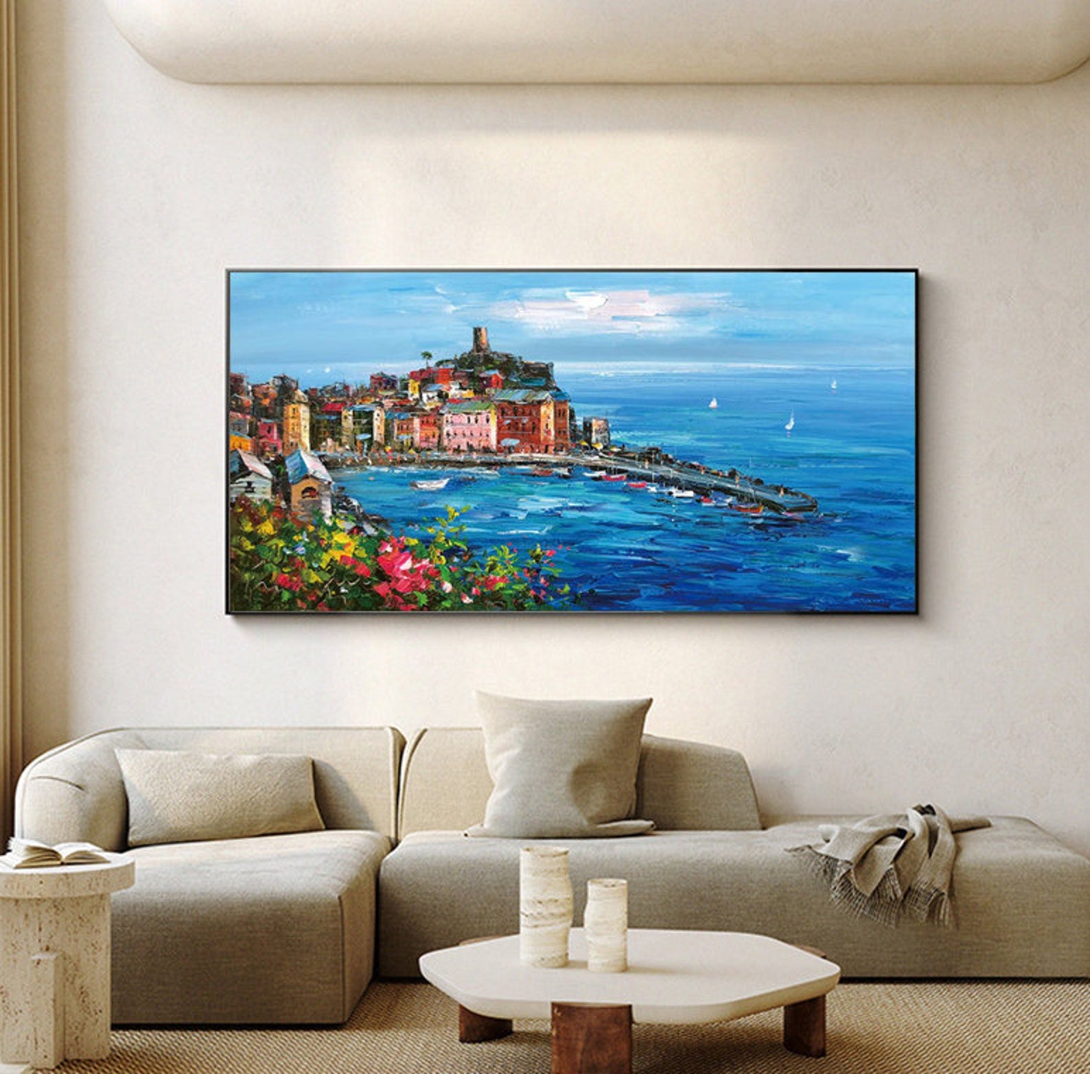 Large Coastal Village Landscape Oil Painting