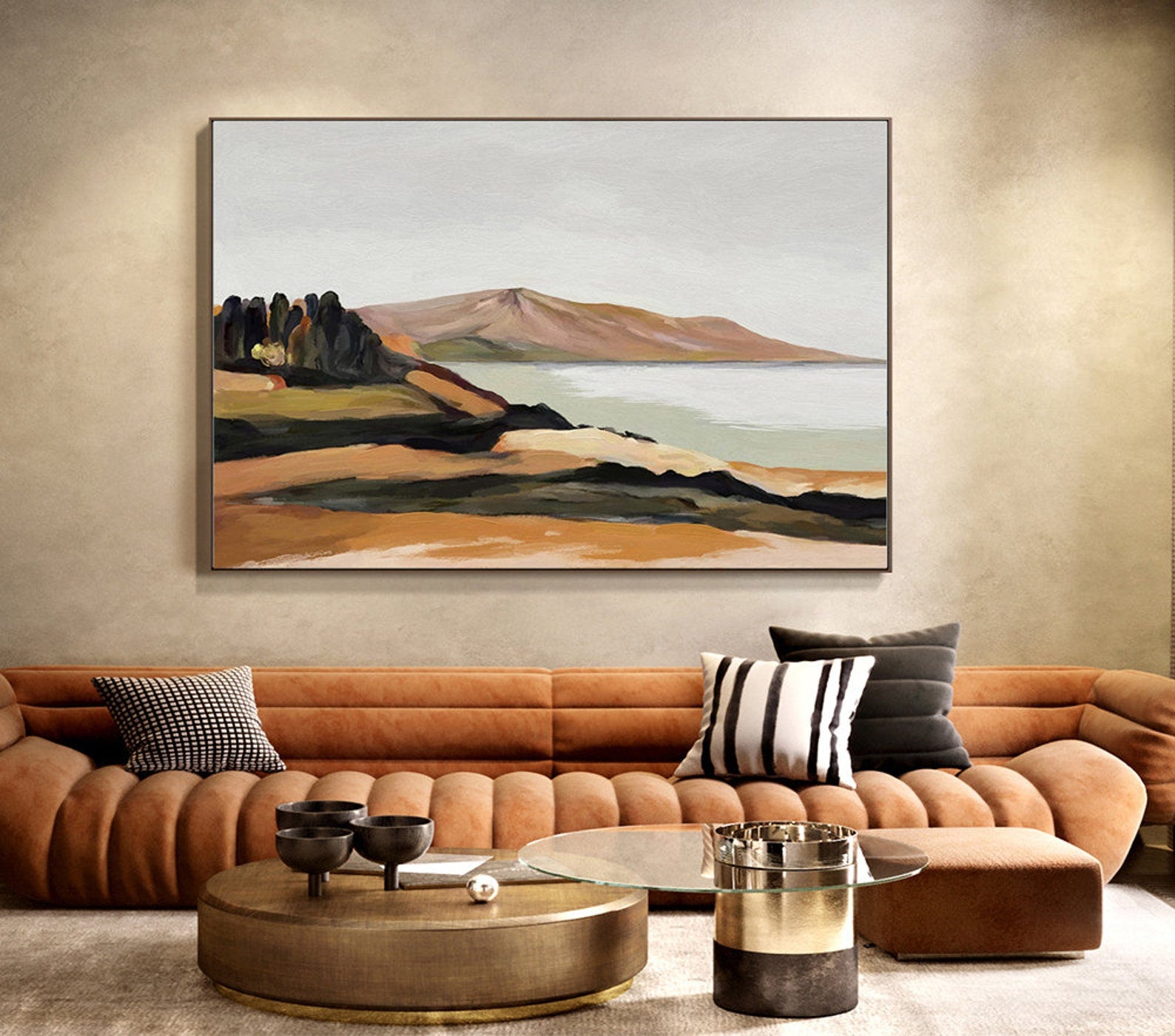 Abstract Coastal Landscape Painting in Earthy Tones on Canvas #MM345