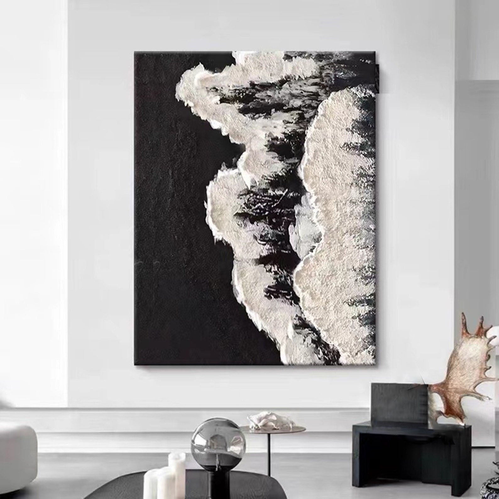 Textured White Form on Black Ocean, Minimalist Abstract Art #OP073