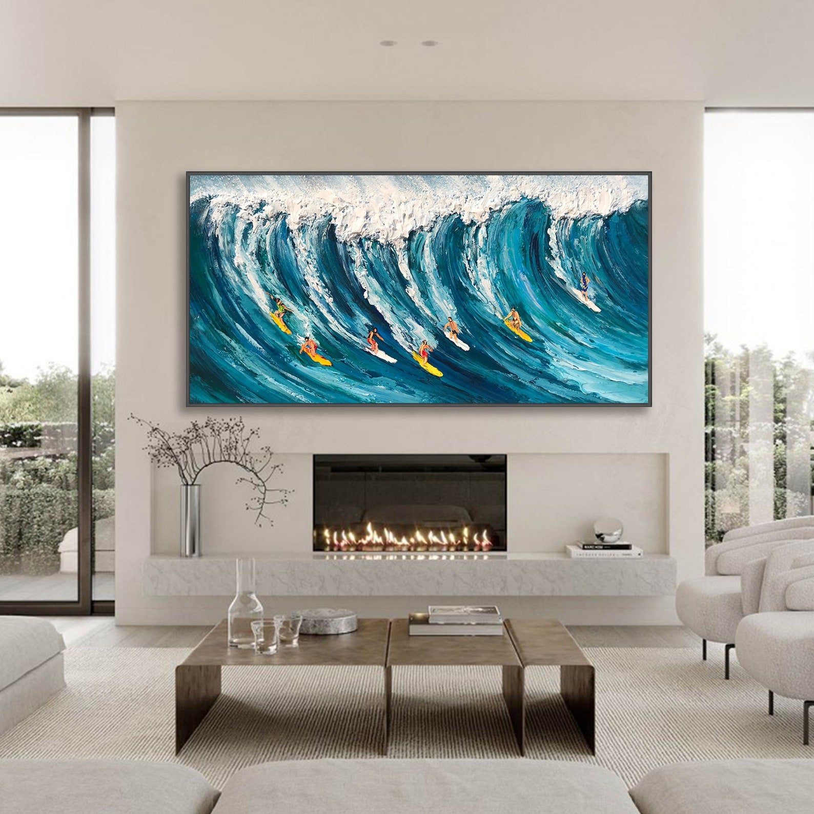 Dynamic Surfing In Textured Ocean Waves, Impasto Wall Art #SPA013