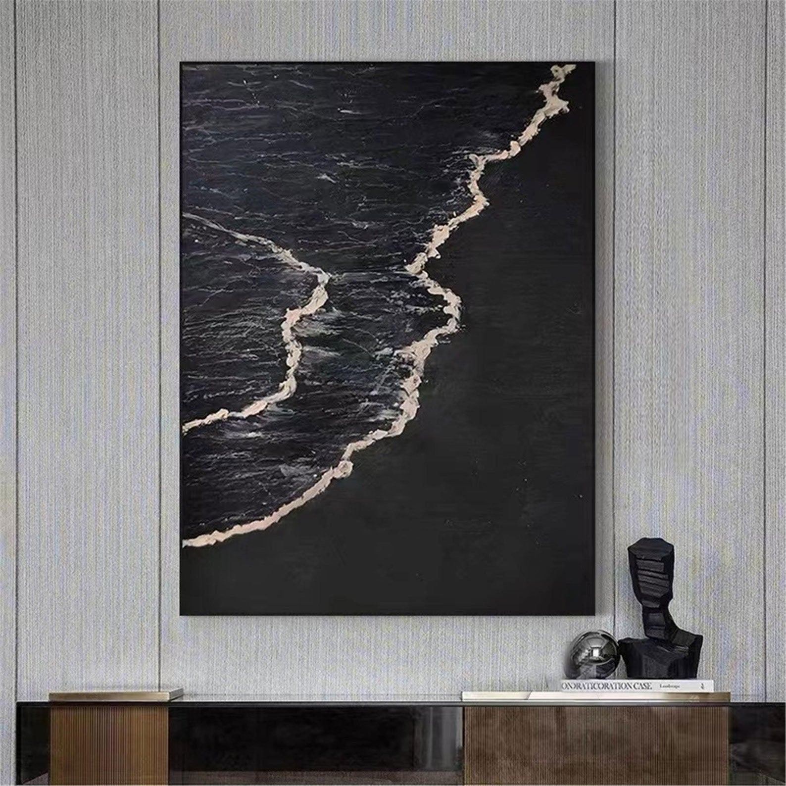 Textured Black and White Flowing Coastal Line Abstract Wall Art #OP072