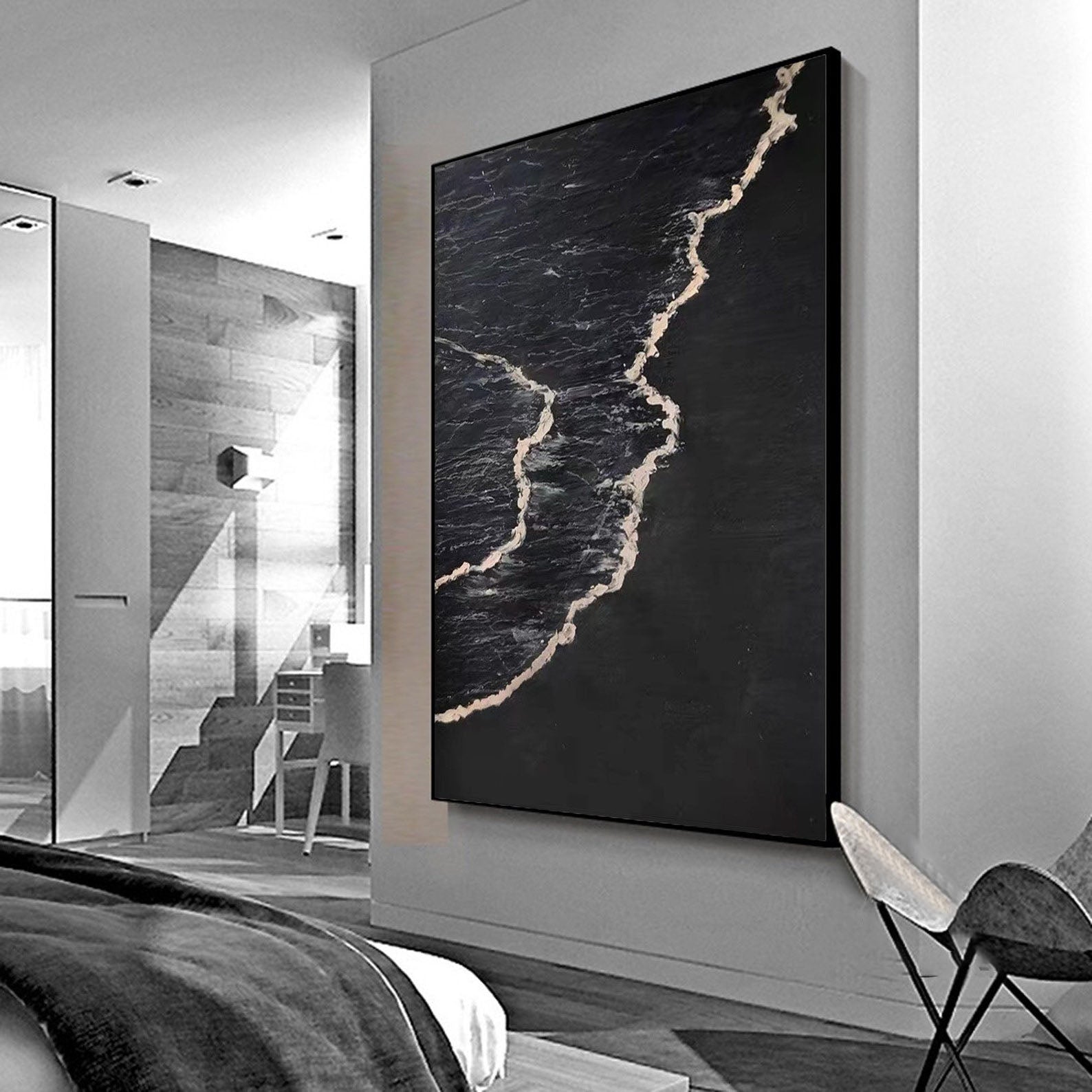 Textured Black and White Flowing Coastal Line Abstract Wall Art #OP072