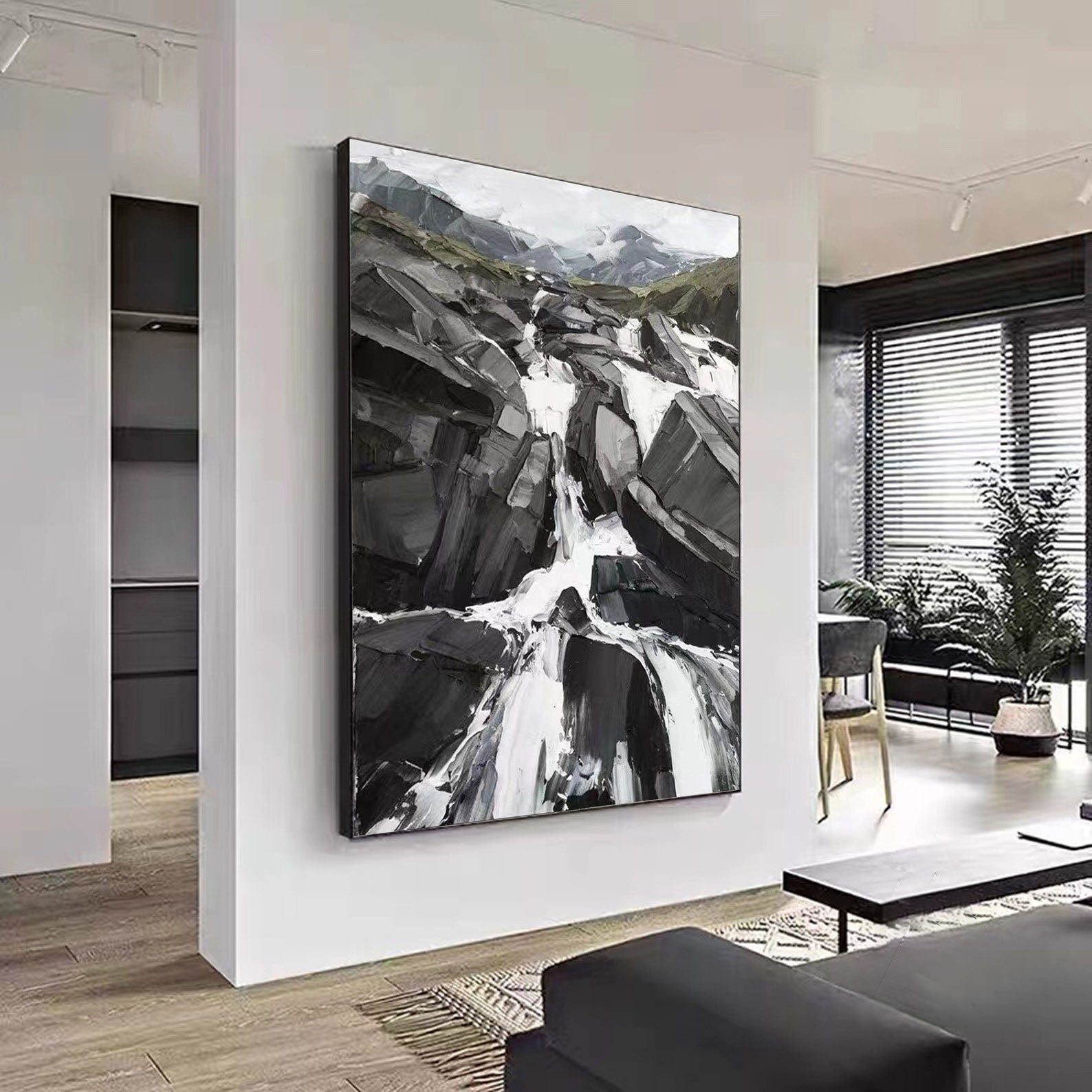 Black and White Textured Flowing Waterfall Landscape Canvas #MM300