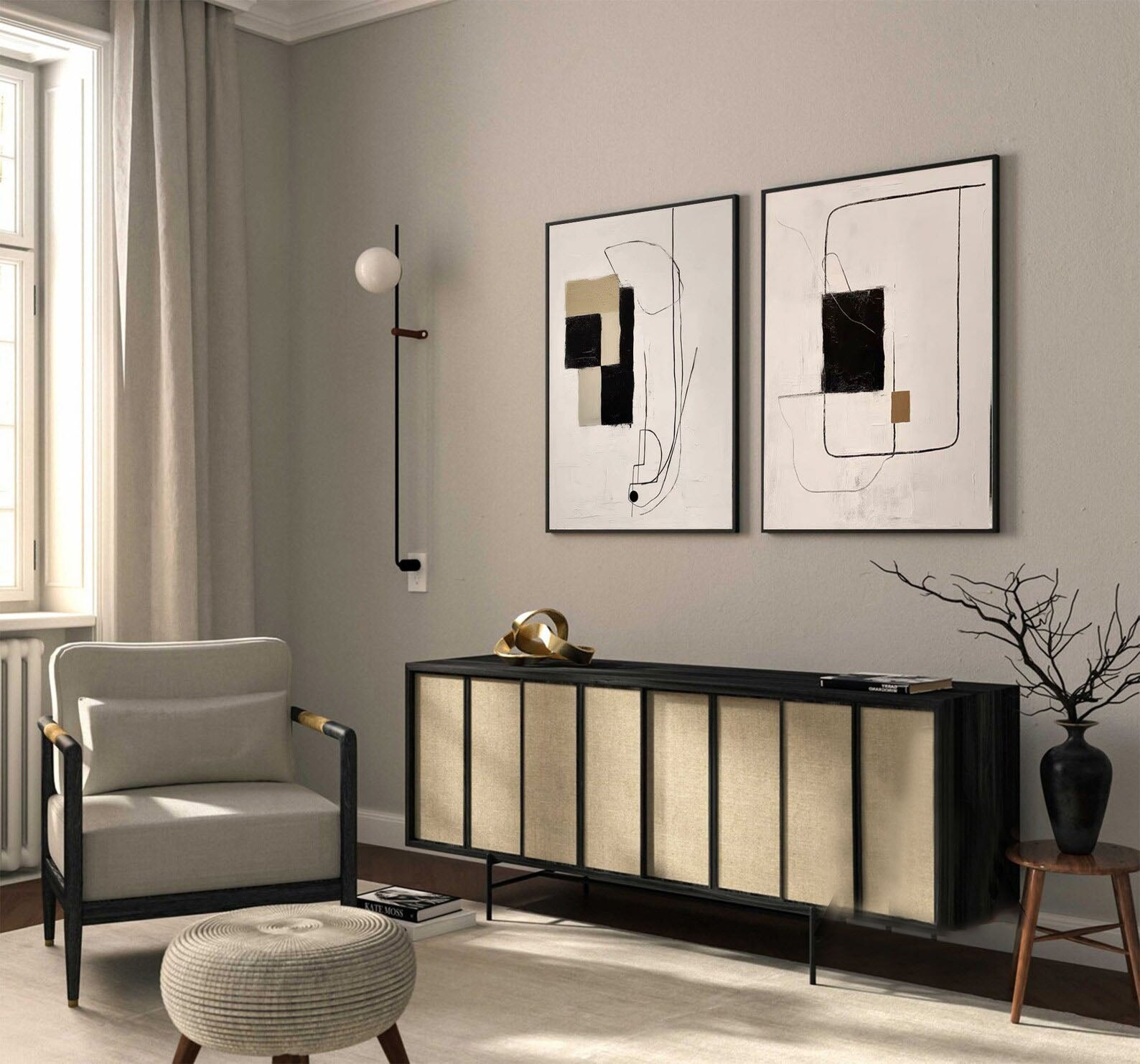 Neutral Tone Diptych with Black and Tan, Minimalist Wall Art #MM315