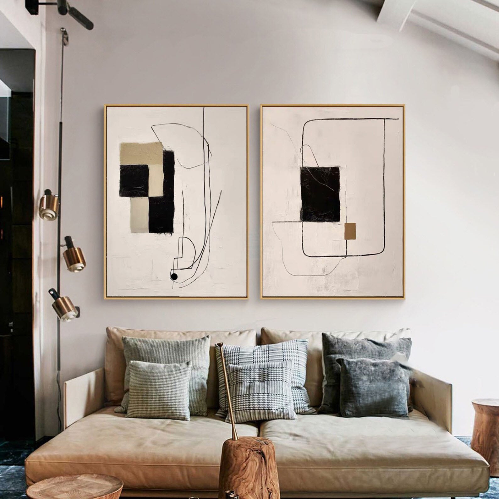 Neutral Tone Diptych with Black and Tan, Minimalist Wall Art #MM315