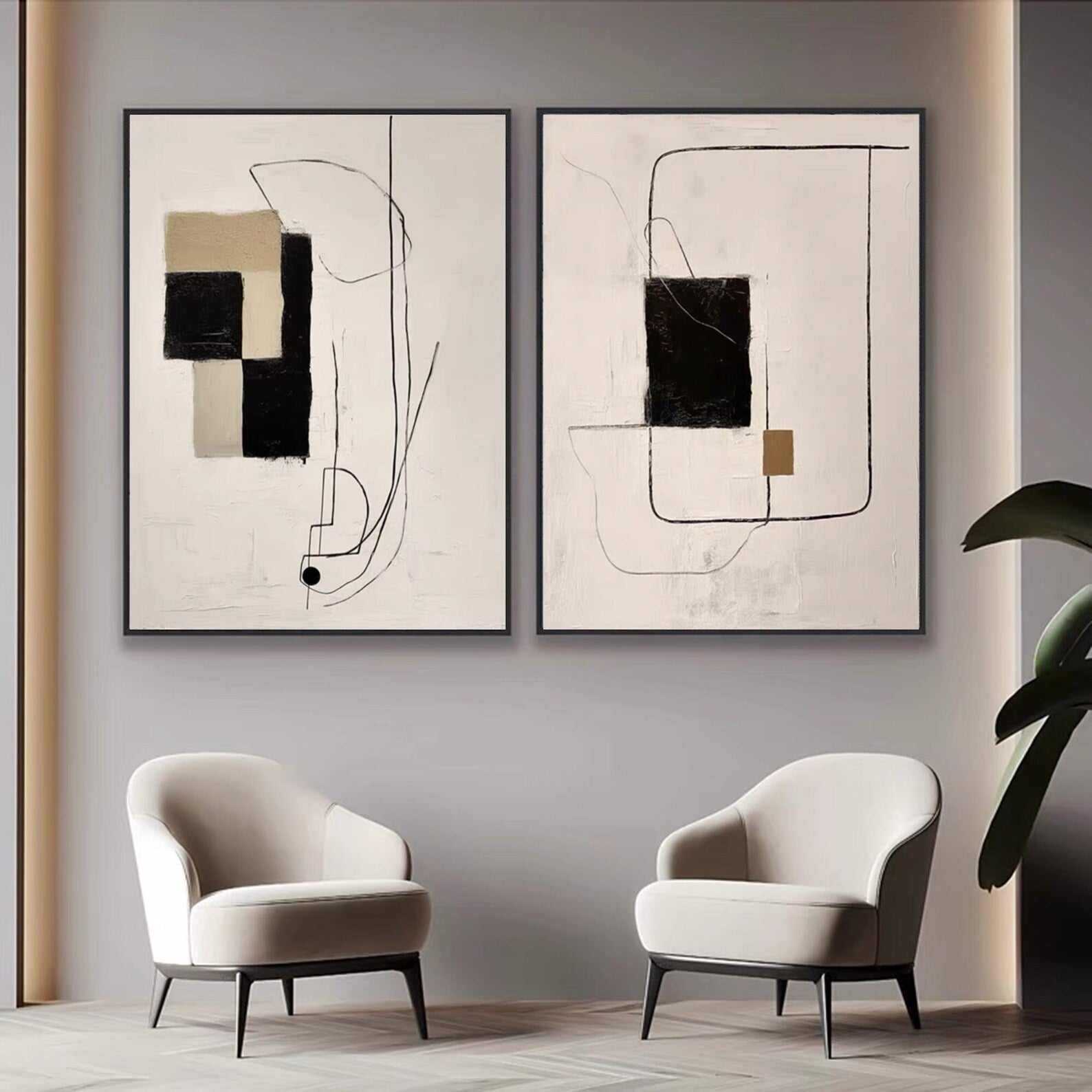 Neutral Tone Diptych with Black and Tan, Minimalist Wall Art #MM315