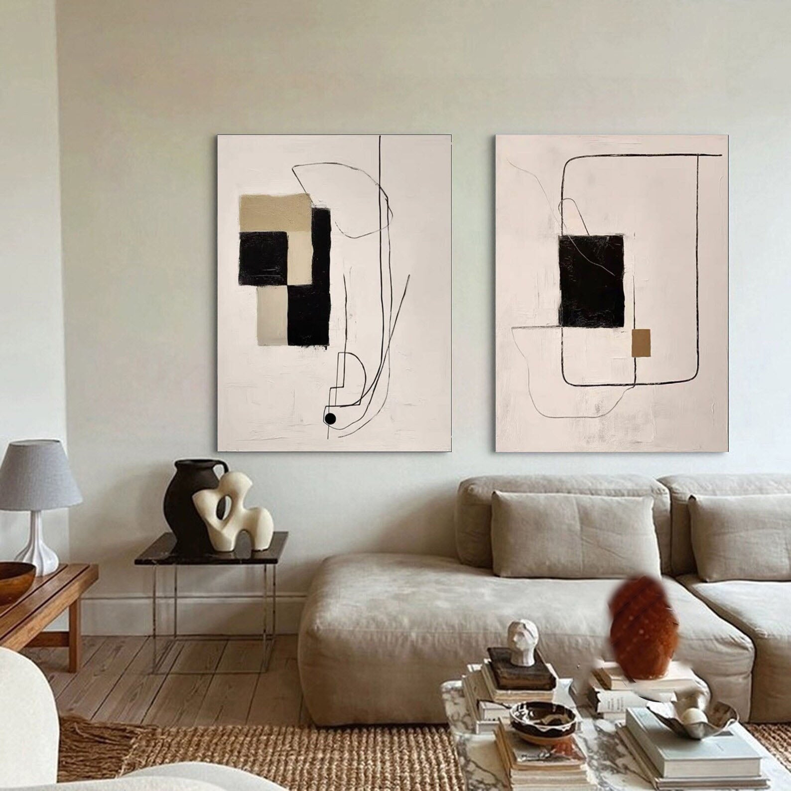 Neutral Tone Diptych with Black and Tan, Minimalist Wall Art #MM315