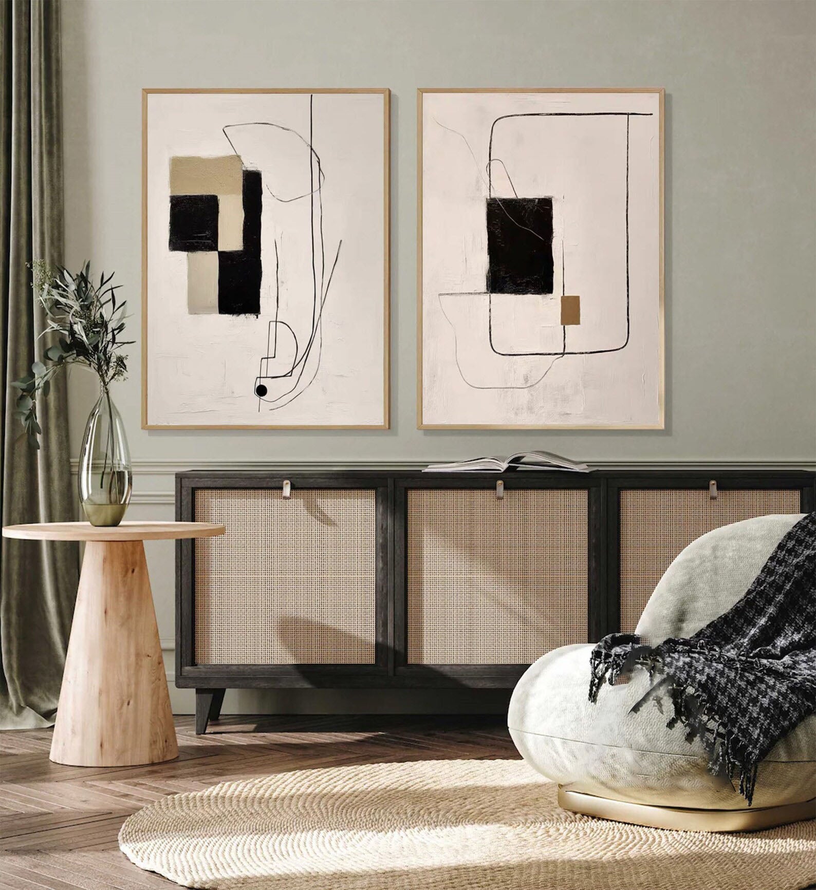 Neutral Tone Diptych with Black and Tan, Minimalist Wall Art #MM315