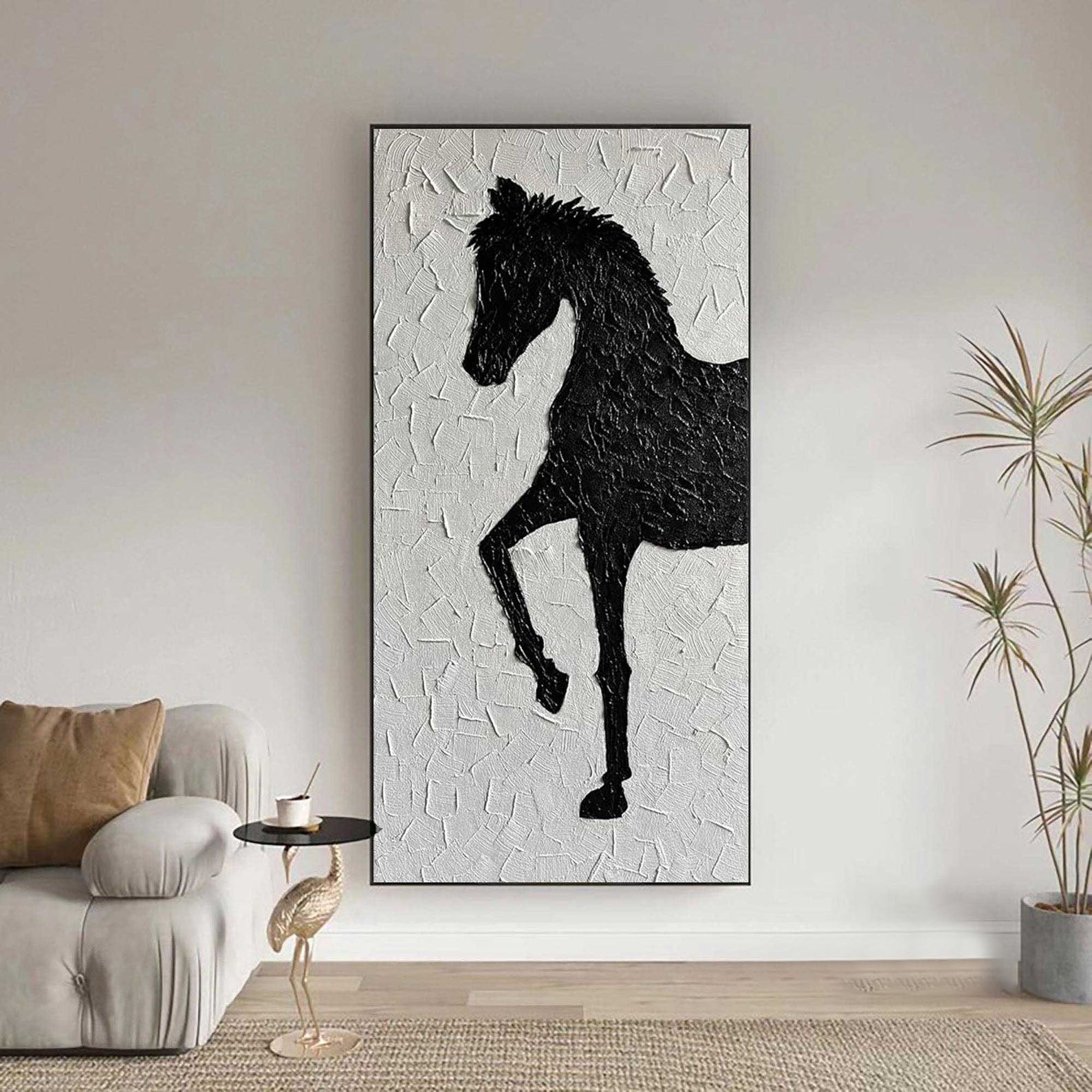 Textured Black & White Horse Art, Modern Abstract Painting