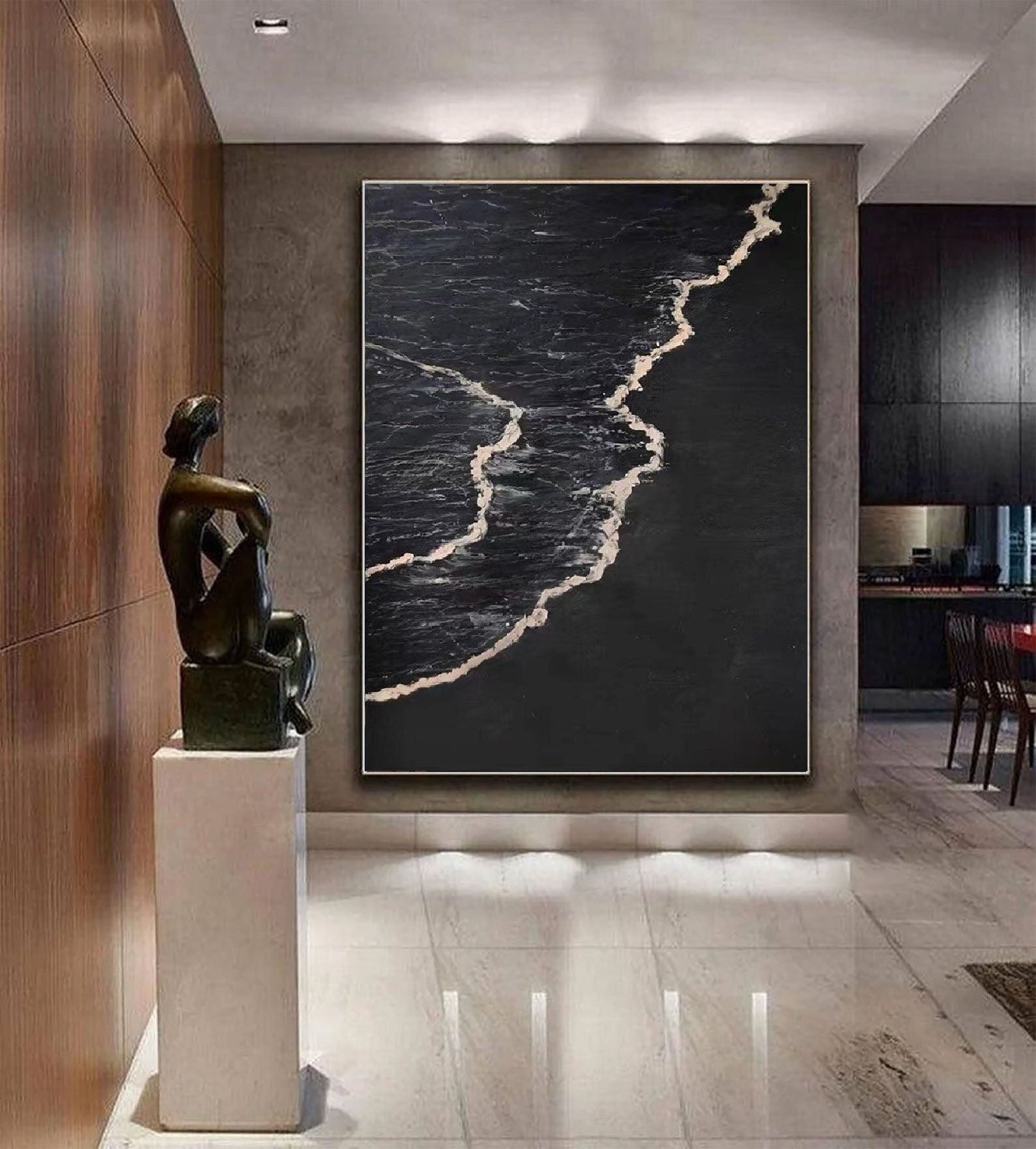 Textured Black and White Flowing Coastal Line Abstract Wall Art #OP072