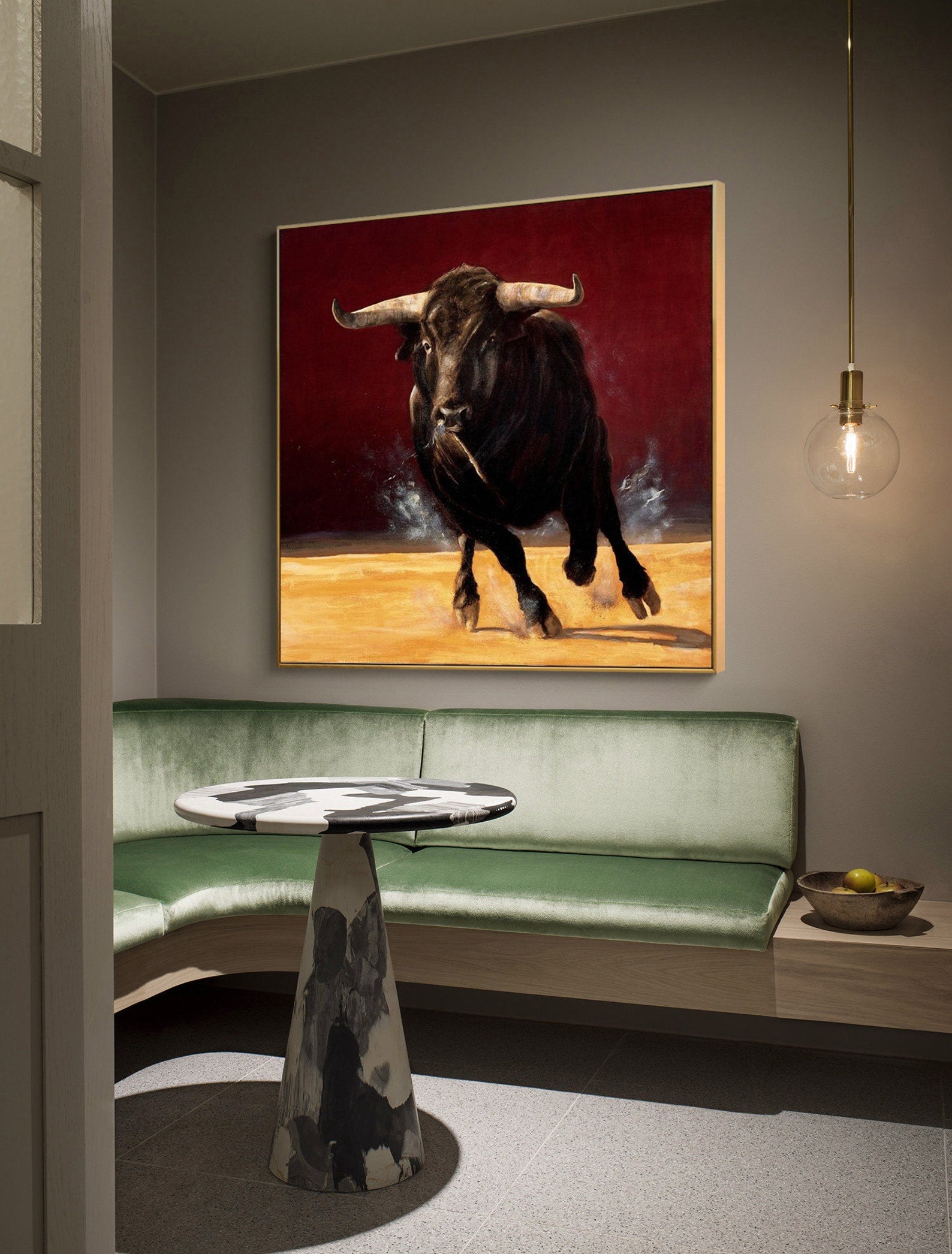 Dynamic Bull Artwork, Running Boldly in Rich Red and Gold Tones#MM286