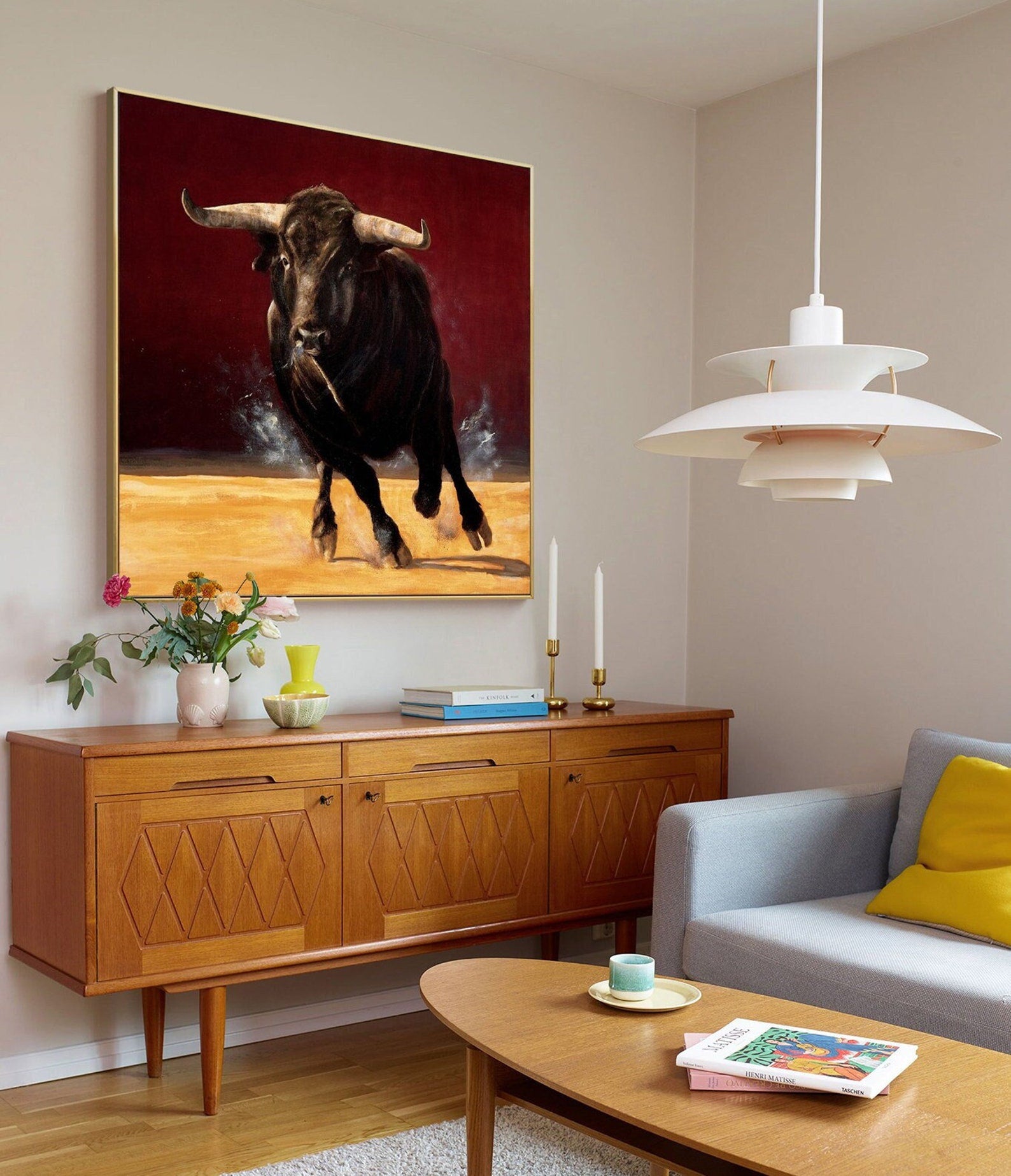 Dynamic Bull Artwork, Running Boldly in Rich Red and Gold Tones#MM286