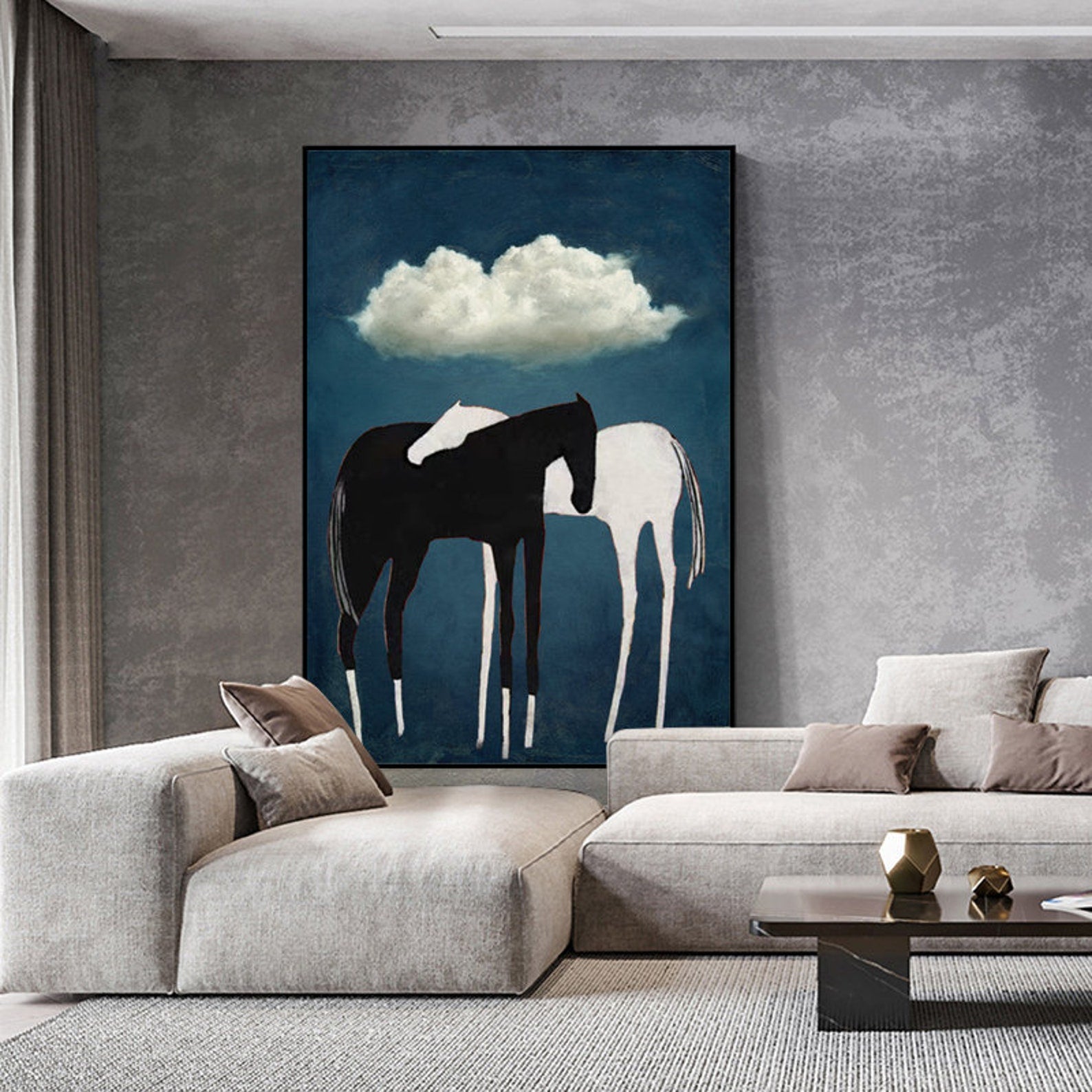 Abstract Horse Art with Black and White Horses on Blue Background #MM259