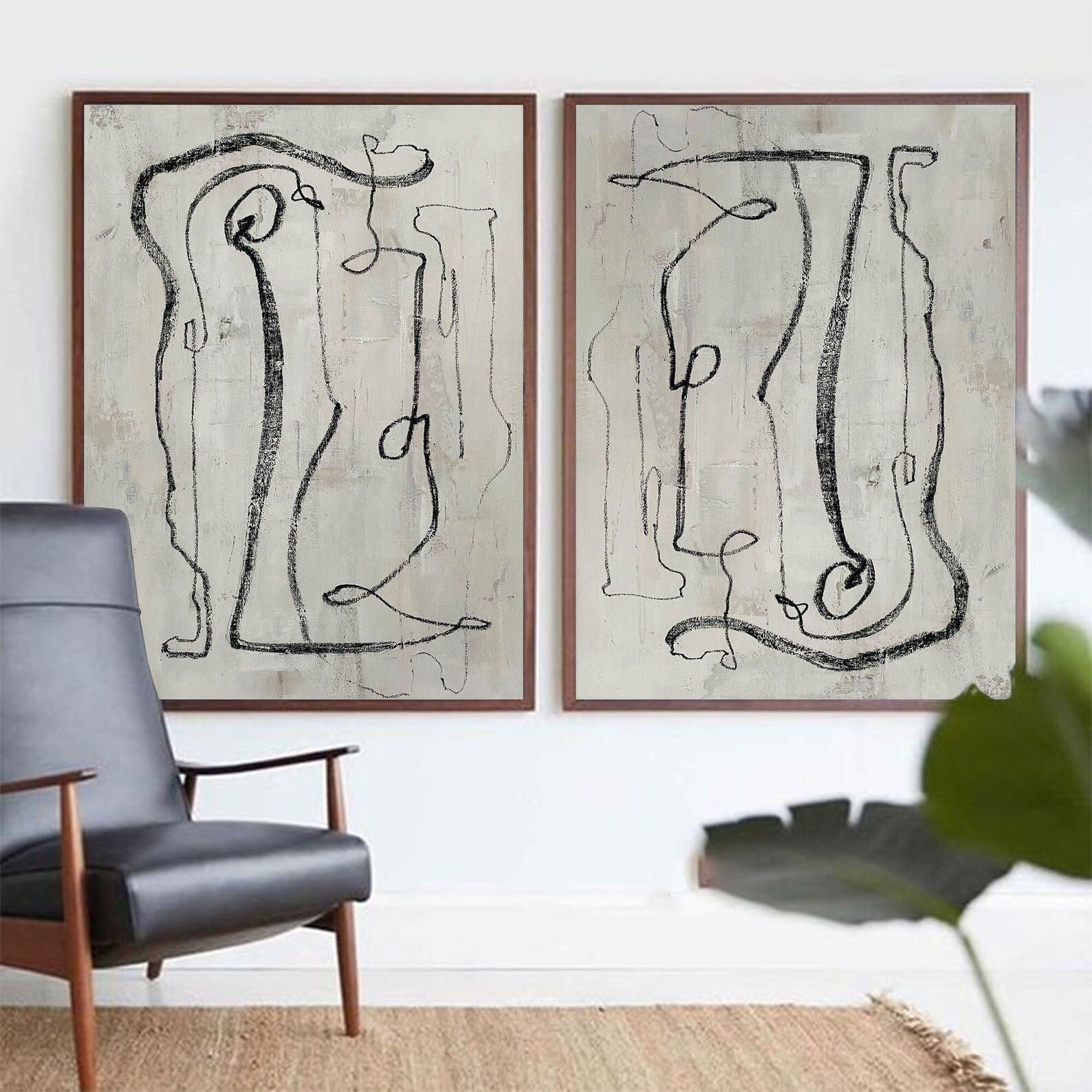 Black And White Contemporary Line Art Diptych, Minimalist Wall Art #MM330