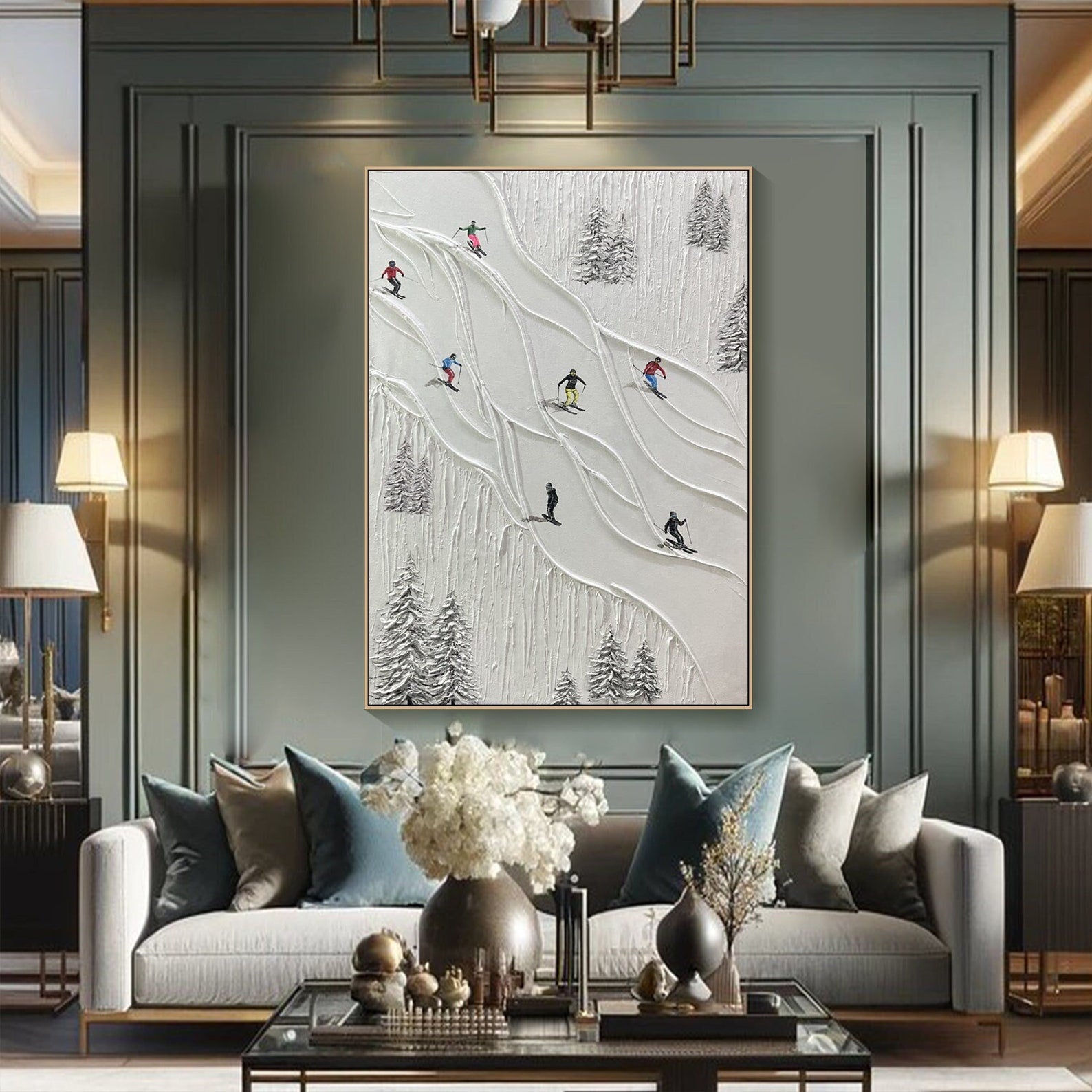 Textured Winter Landscape with Skiers, Contemporary Wall Art #SPA015