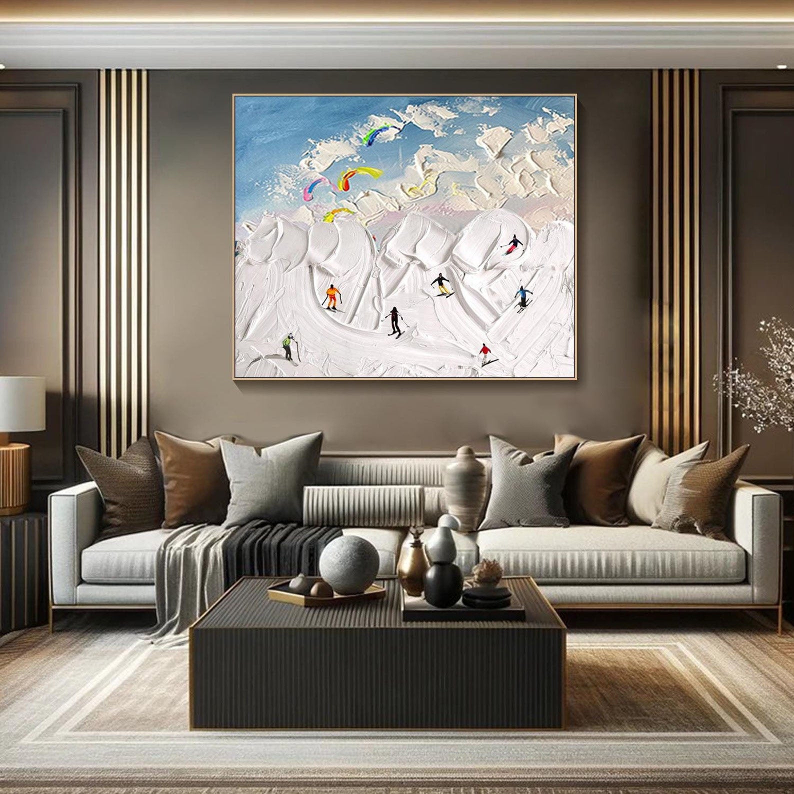 Textured Snowscape with Skiers, Abstract Wall Art #MM291