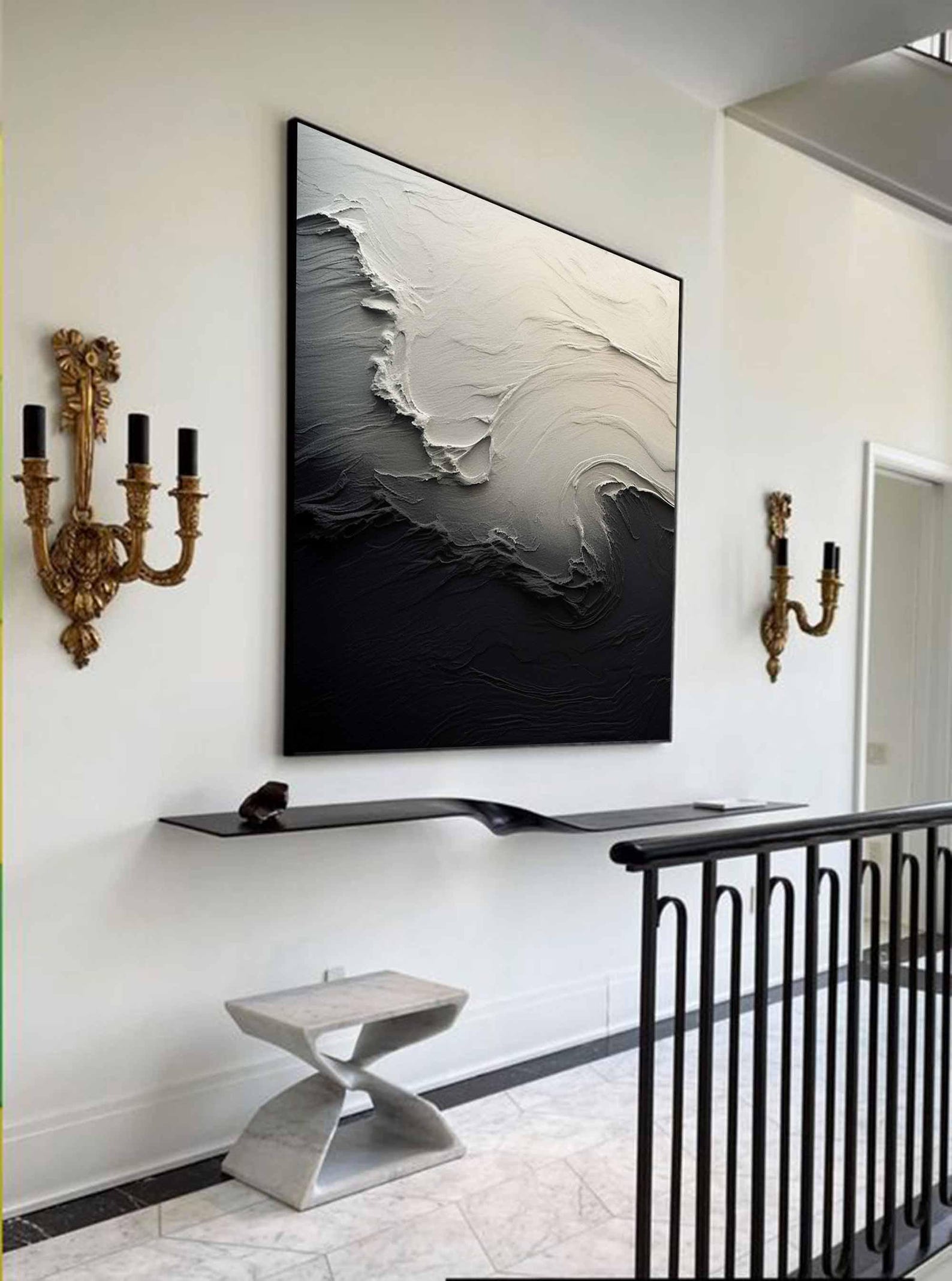 Textured White Form on Black Minimalist Abstract Wall Art #OP074