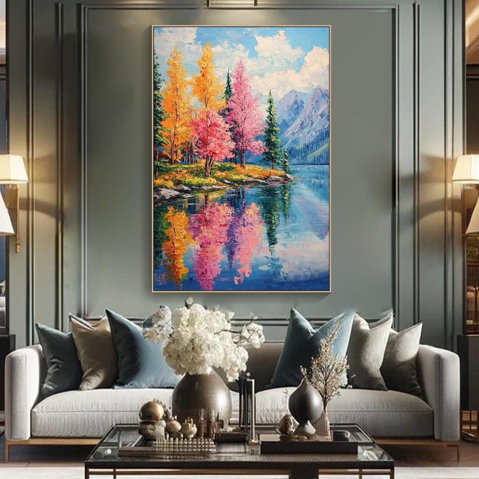 Mountain Lake Reflections, Colorful Contemporary Wall Art #MM328