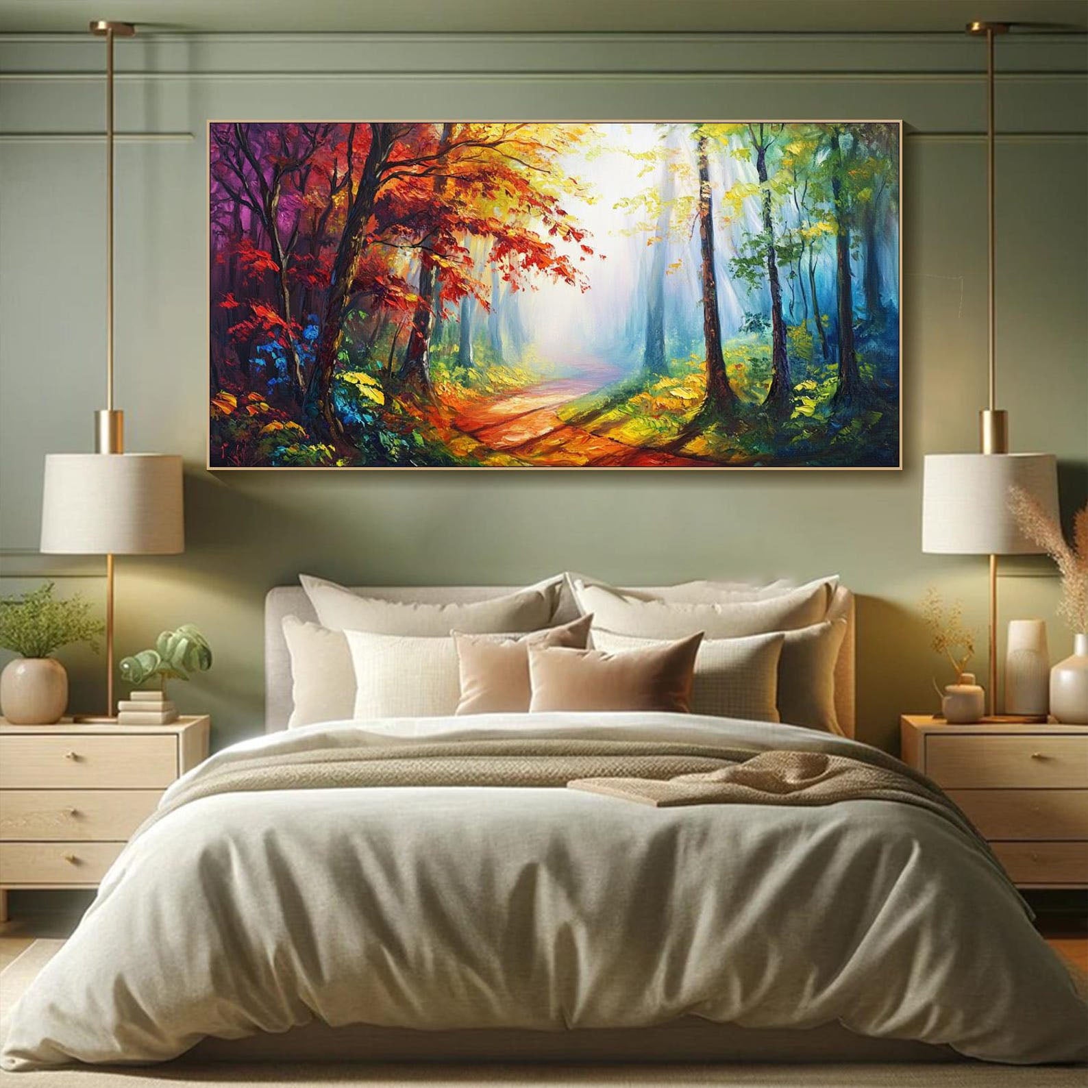 Sunlit Forest Path, Colorful Landscape Wall Art #MM336