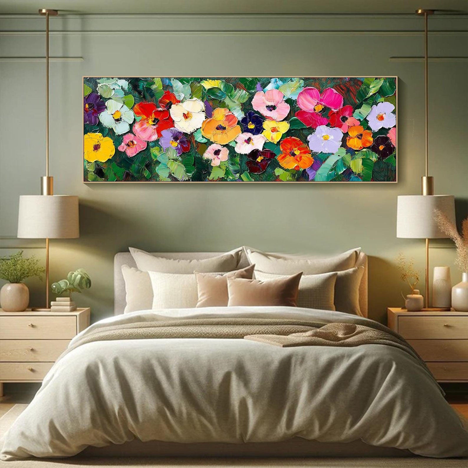 Large Textured Colorful Floral Panorama Modern Canvas Art #FB037