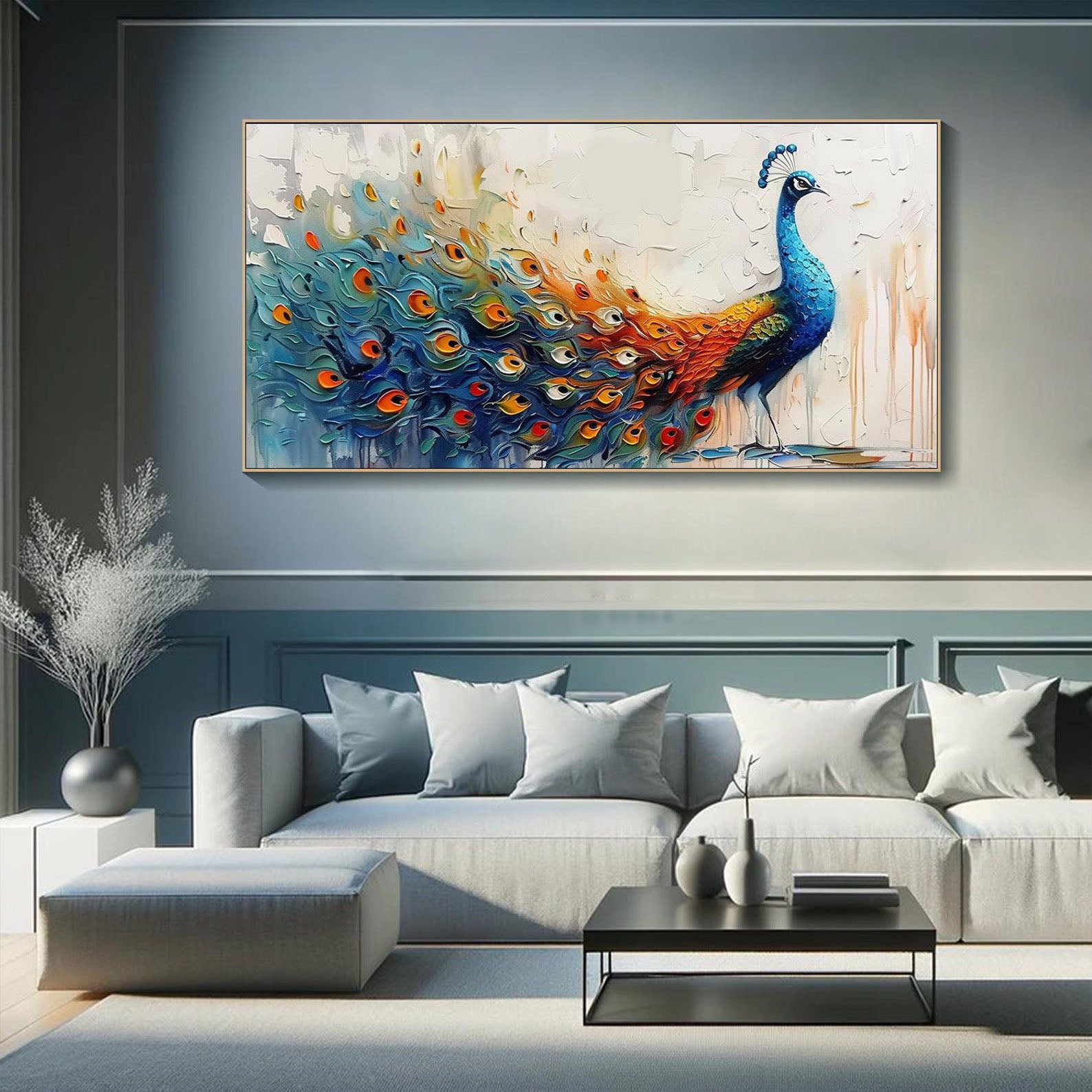 Colorful Peacock Textured Modern Animal Wall Art #MM274