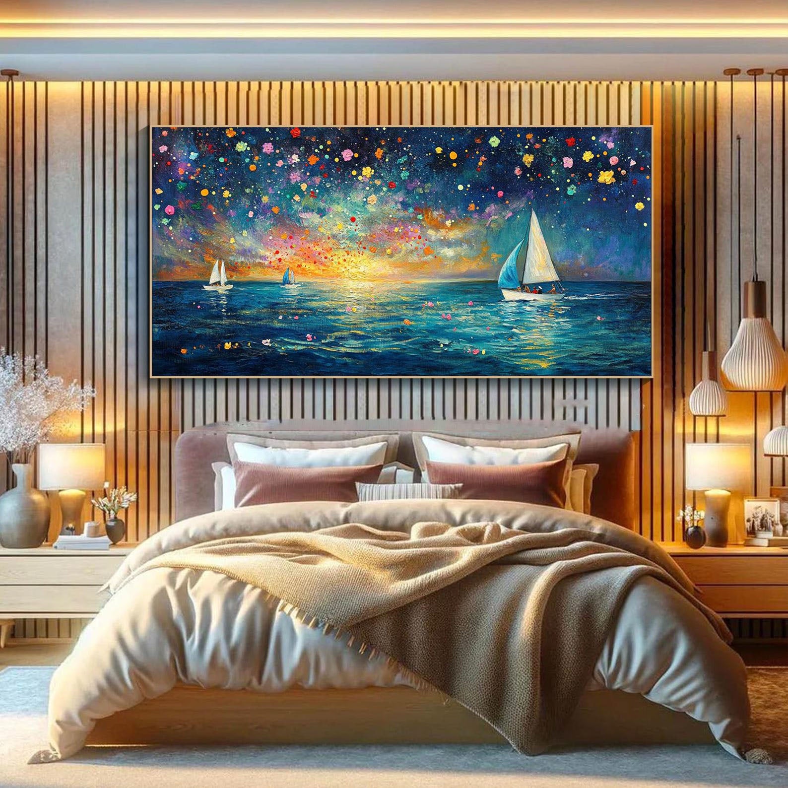 Dreamlike Sailboats and Fireworks, Colorful Seascape Modern Art #OP070