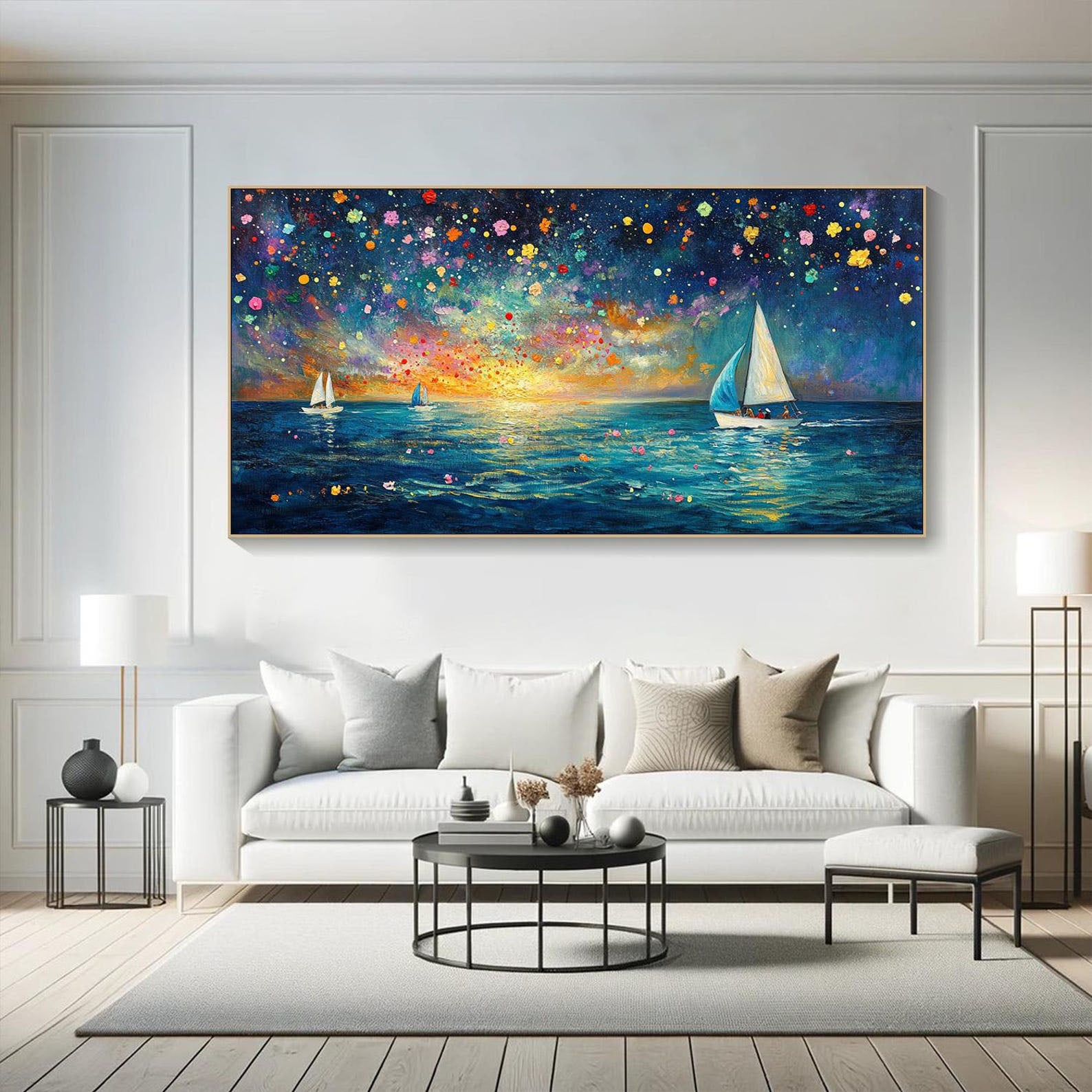 Dreamlike Sailboats and Fireworks, Colorful Seascape Modern Art #OP070