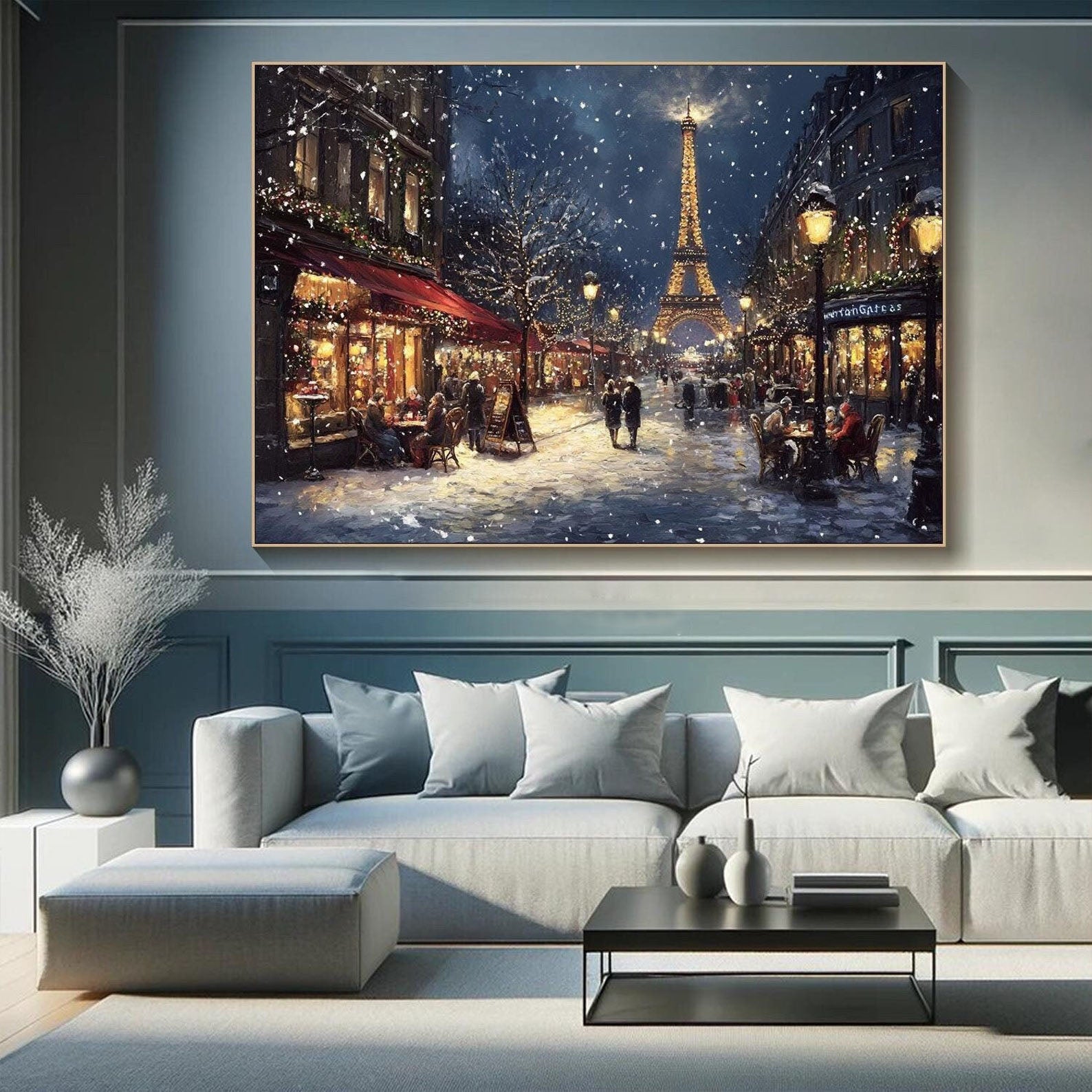 Romantic Paris in Winter And Eiffel Tower at Night, Realism Wall Art #MM319