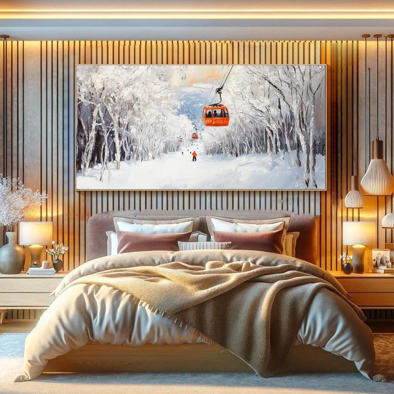 Snowy Mountain Landscape with Skiers, Landscape Canvas #SPA014