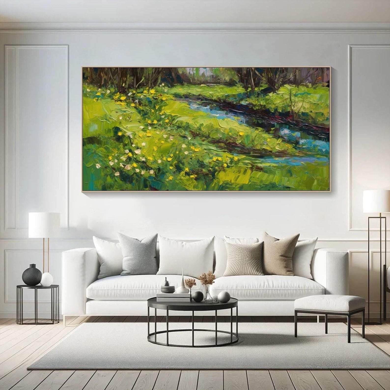 Tranquil Sunlit River Landscape, Large Green Impressionistic Wall Art #MM322