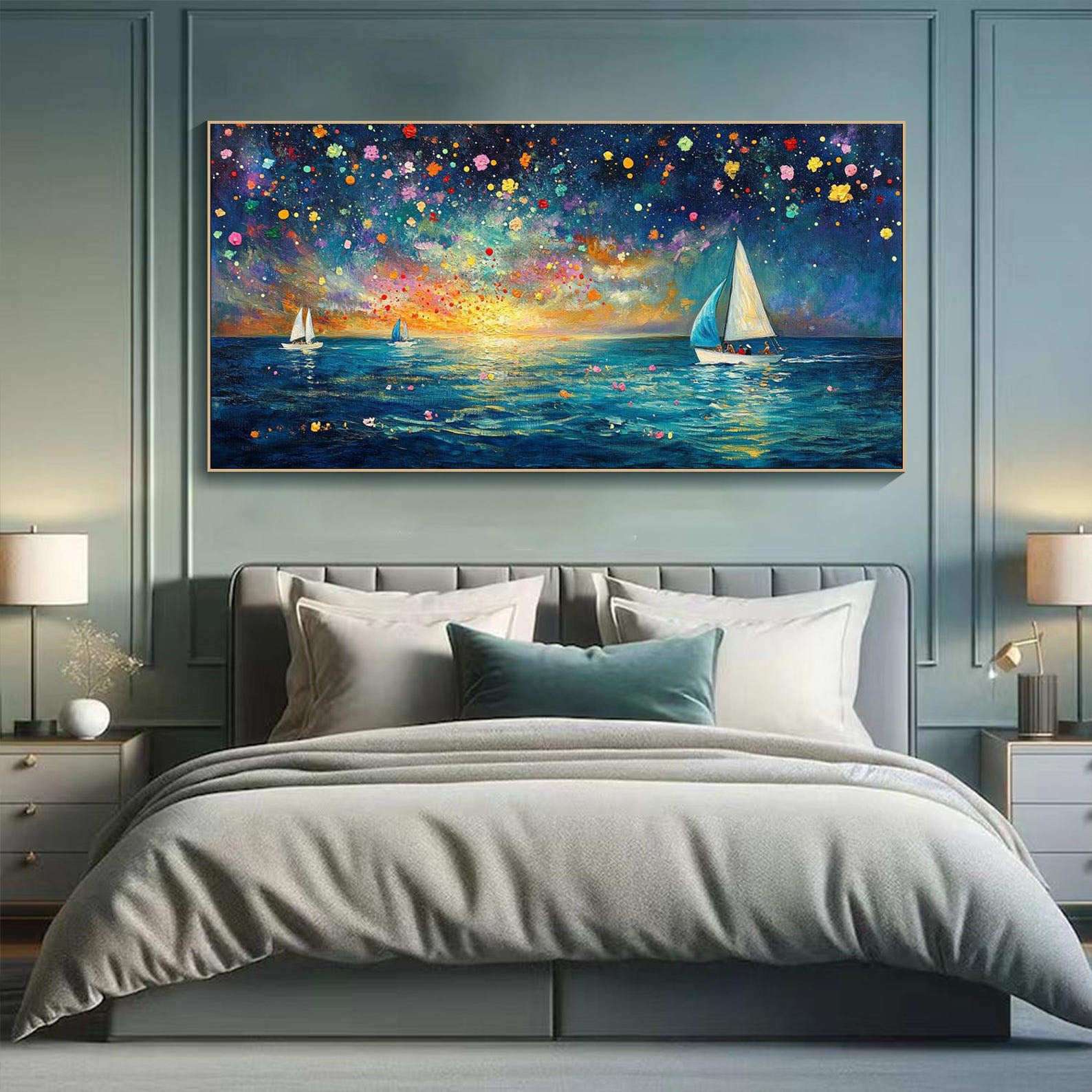 Dreamlike Sailboats and Fireworks, Colorful Seascape Modern Art #OP070