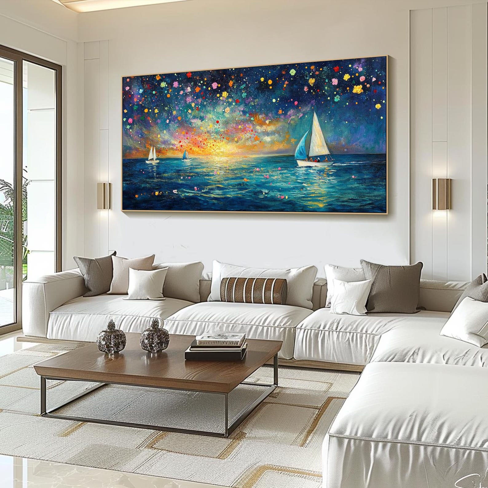 Dreamlike Sailboats and Fireworks, Colorful Seascape Modern Art #OP070