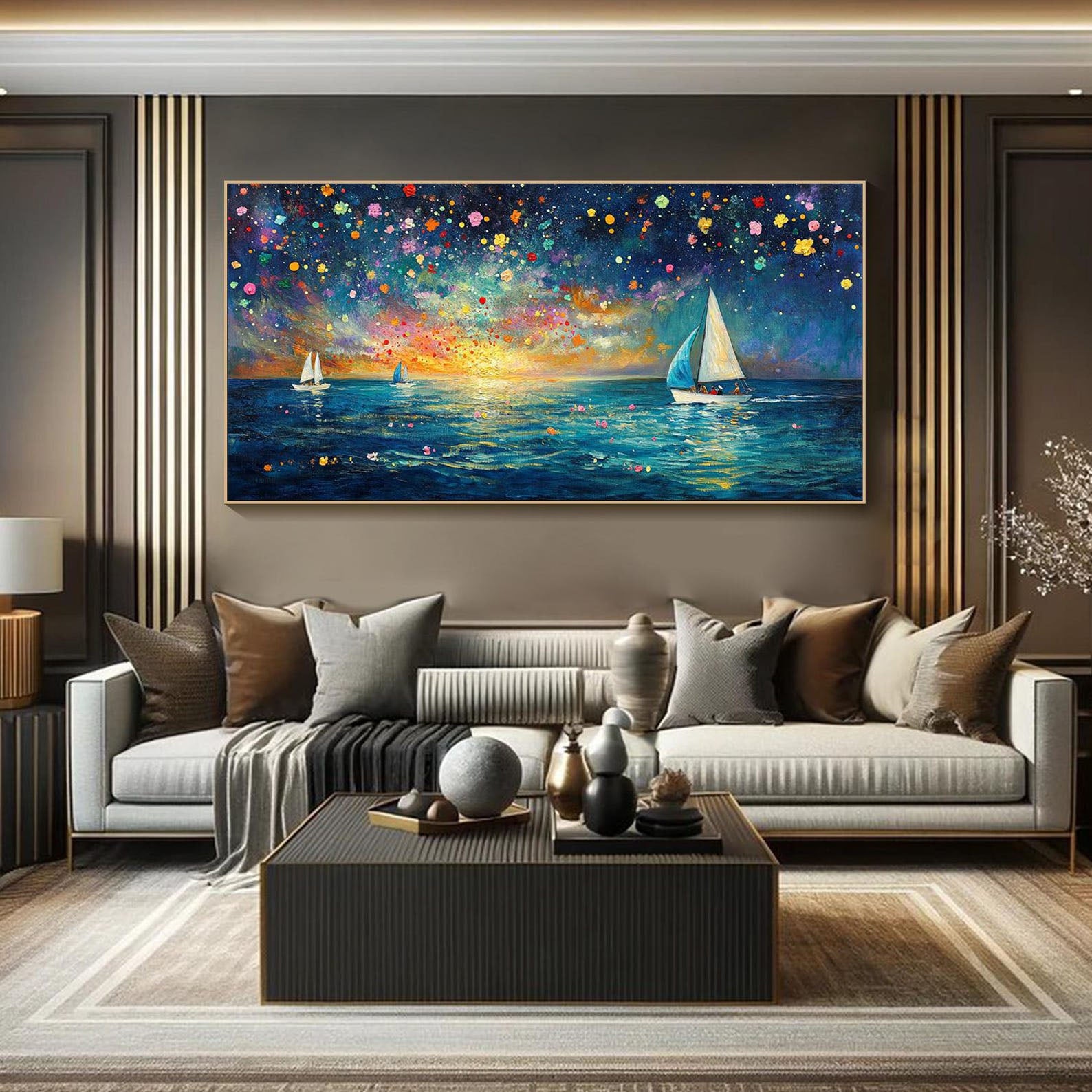 Dreamlike Sailboats and Fireworks, Colorful Seascape Modern Art #OP070