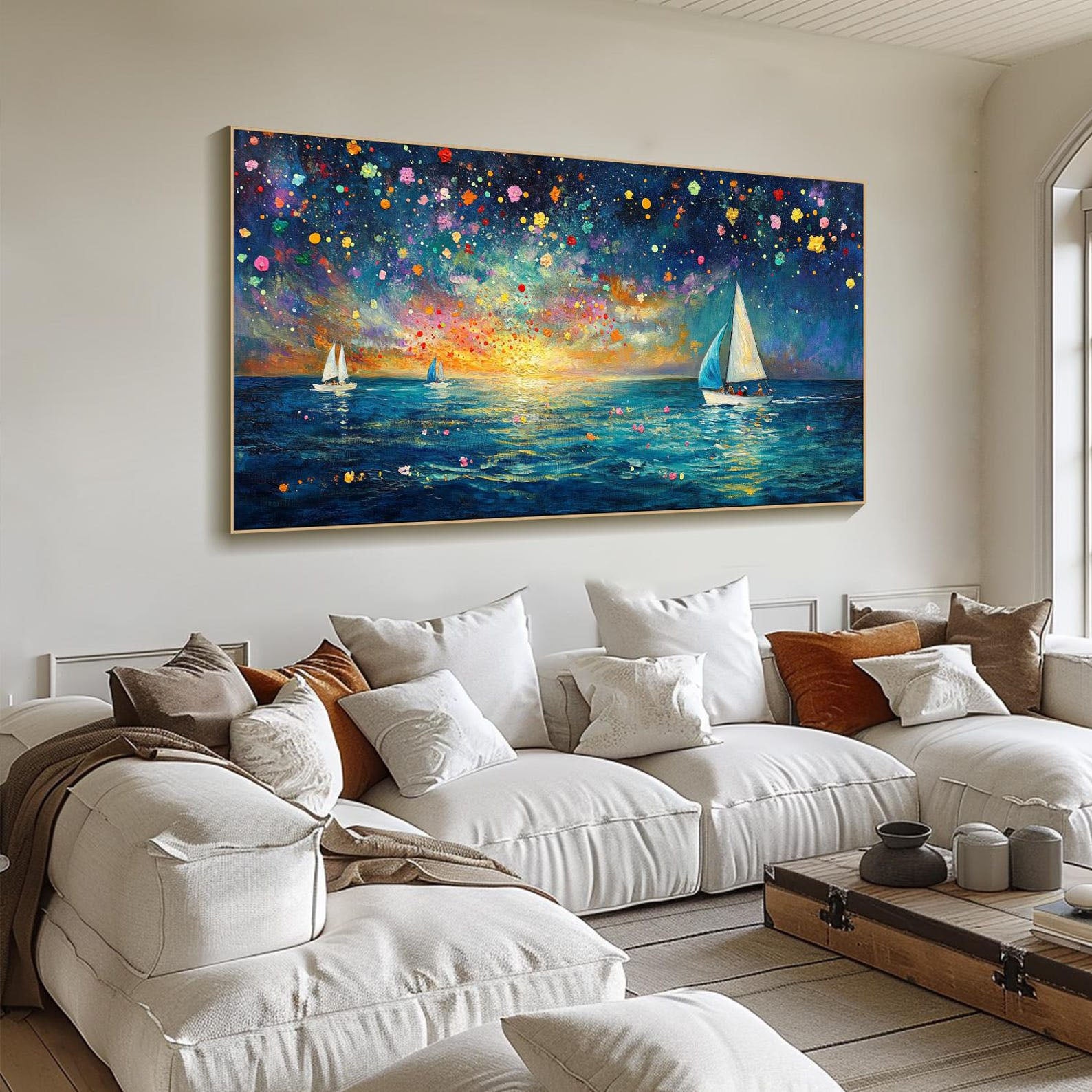 Dreamlike Sailboats and Fireworks, Colorful Seascape Modern Art #OP070