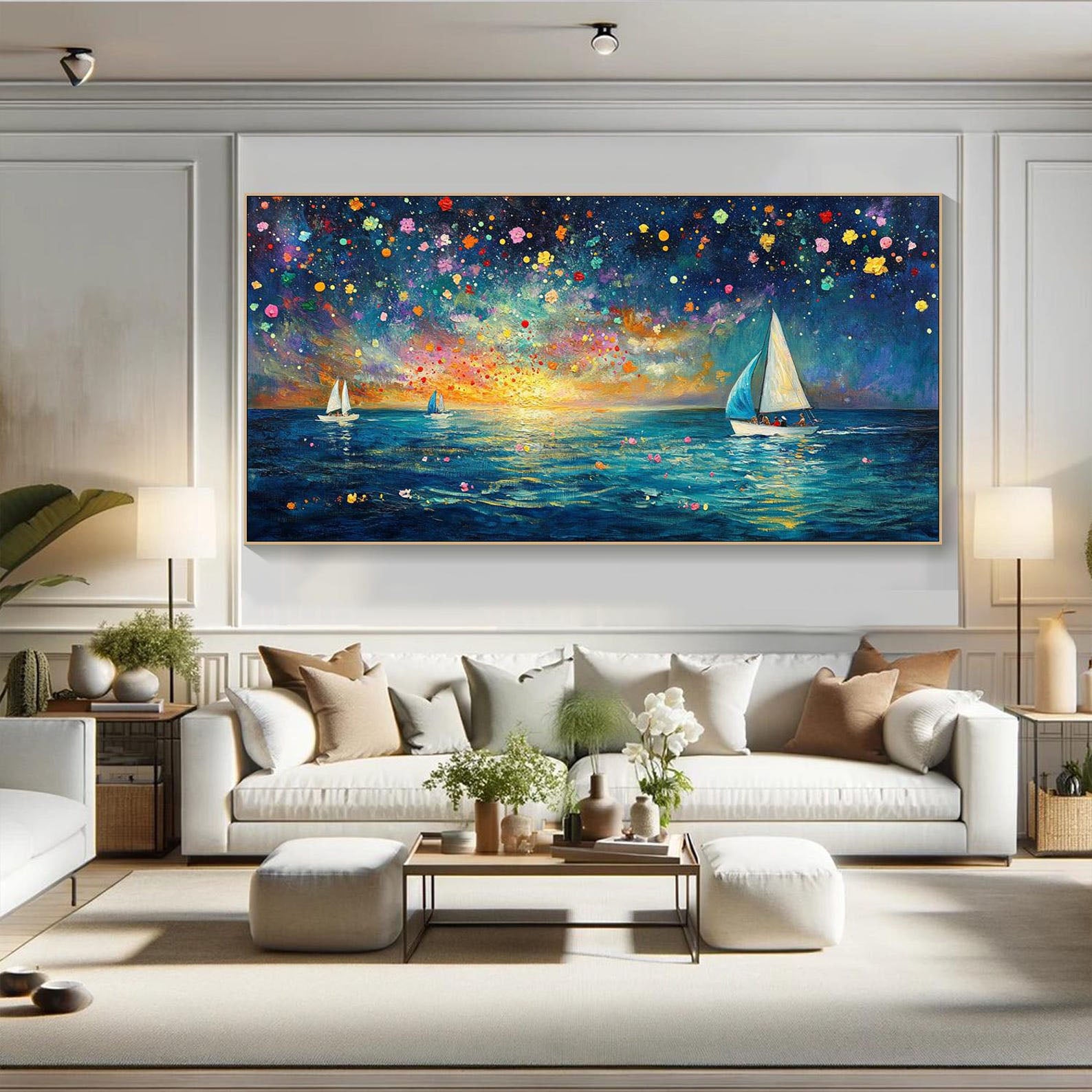 Dreamlike Sailboats and Fireworks, Colorful Seascape Modern Art #OP070