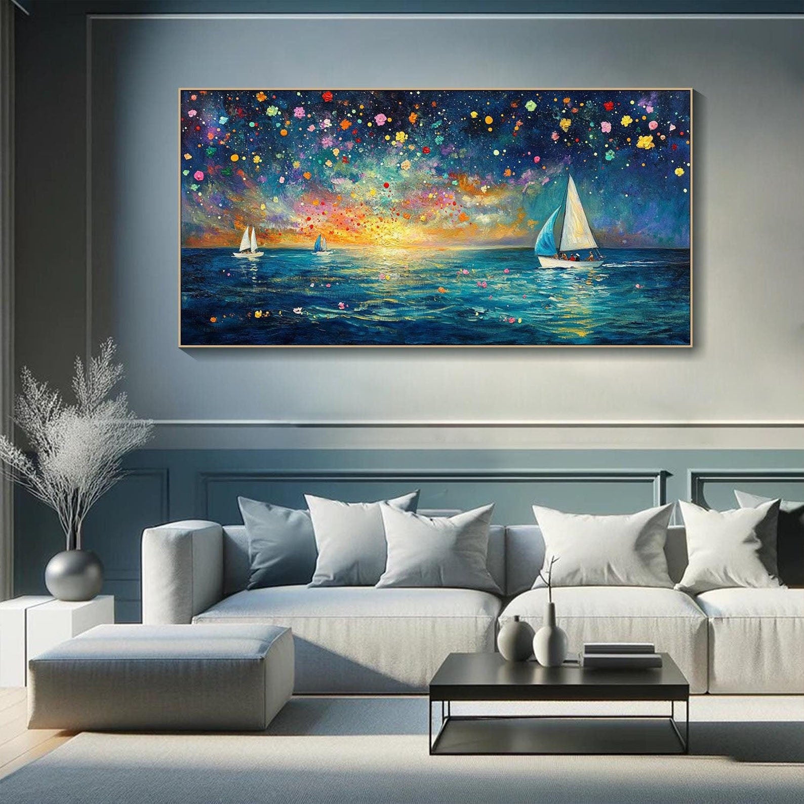 Dreamlike Sailboats and Fireworks, Colorful Seascape Modern Art #OP070