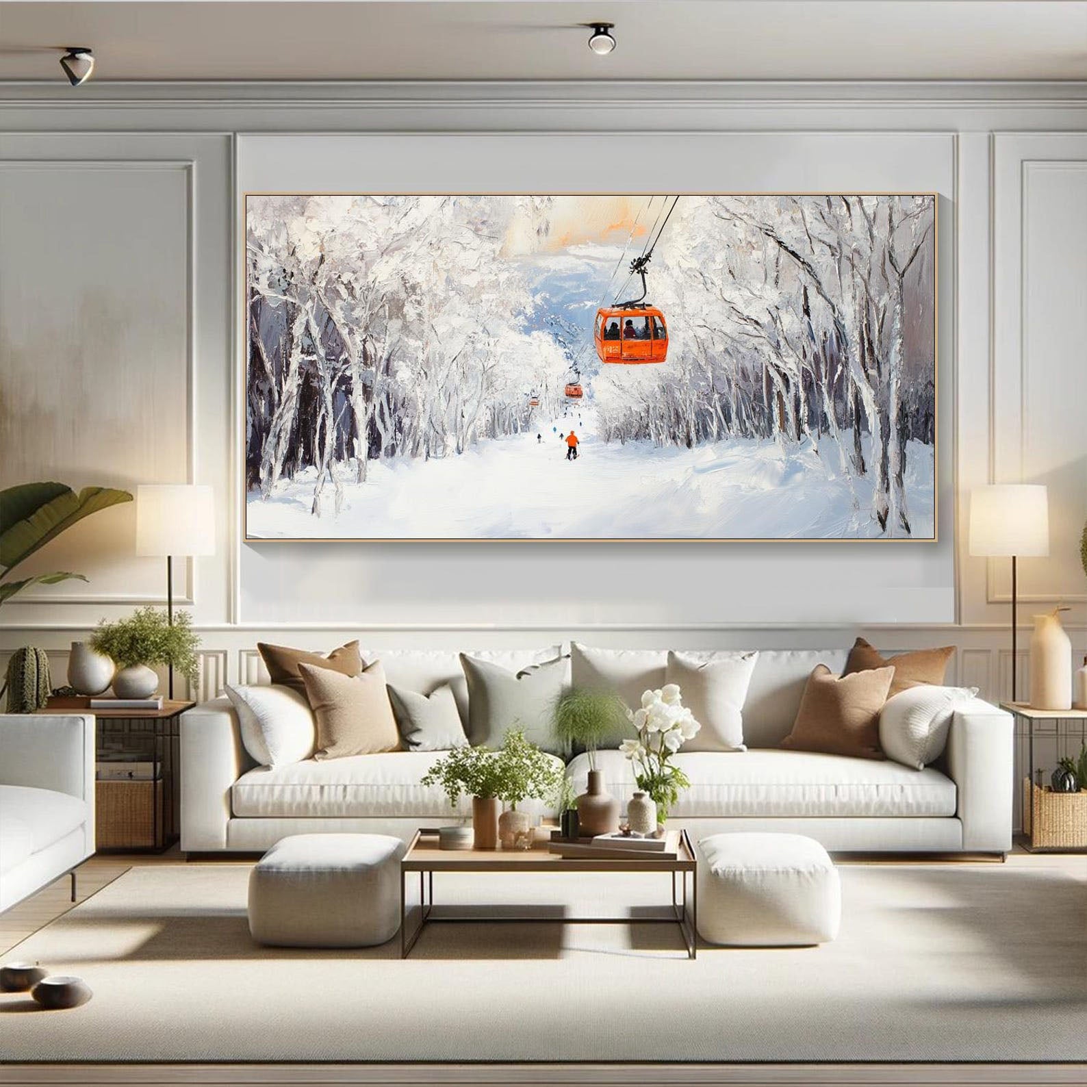 Snowy Mountain Landscape with Skiers, Landscape Canvas #SPA014